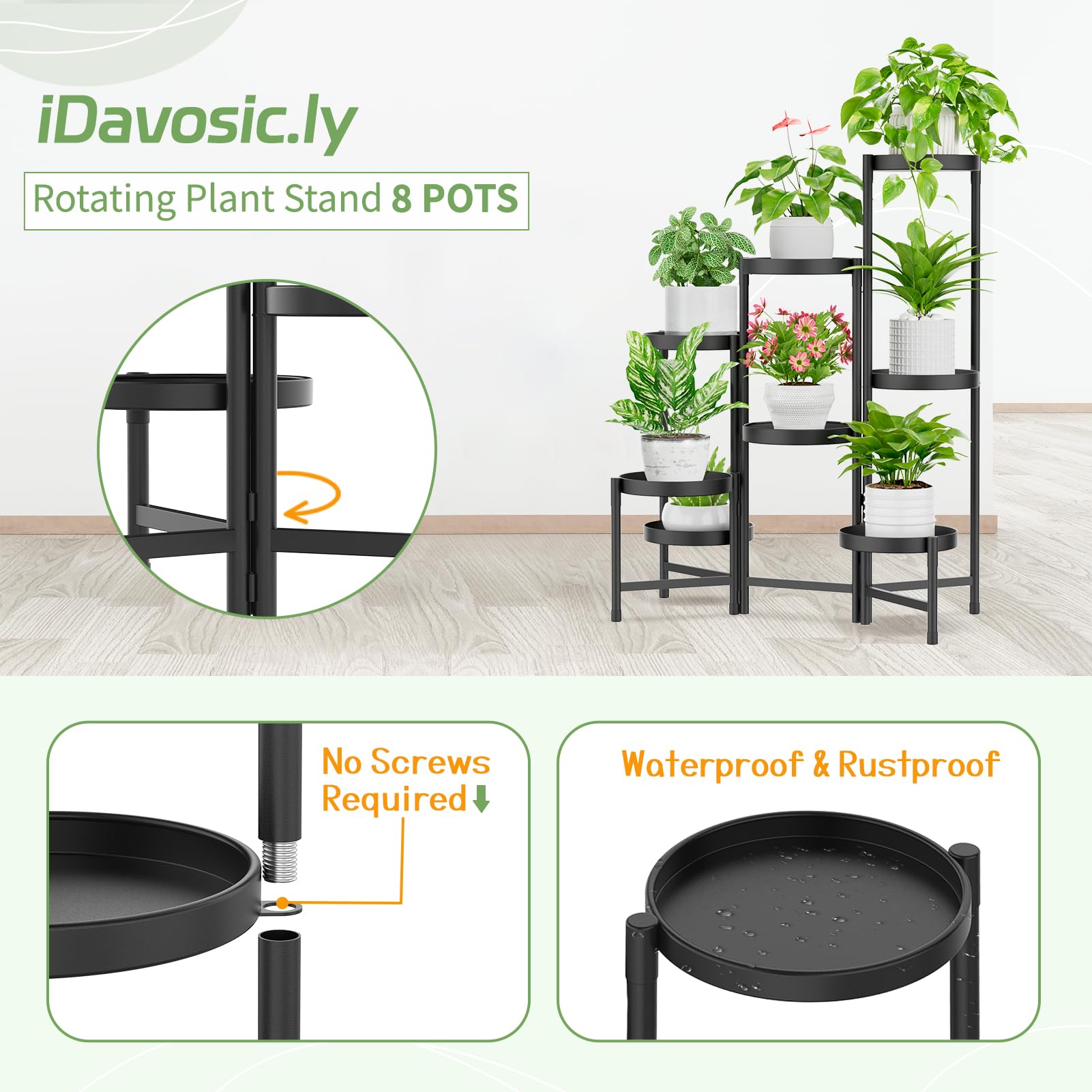 iDavosic.ly 2 Pack Black Foldable Plant Stand Indoor Outdoor, 8 Tier Corner Flower Pot Holders and 5 Layer Metal Plastic Tall Orchid Display Rack for Window Porch Garden Balcony Patio