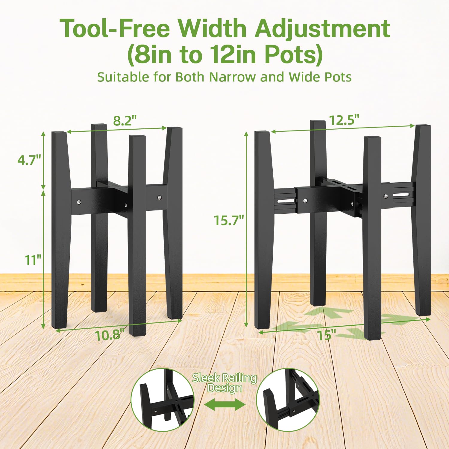 iDavosic.ly Adjustable Plant Pot Stand Indoor Outdoor 2 Pack, Metal Mid Century Modern Bamboo Short Single Flower Holder Fits 8 to 12 Inch Large Heavy Duty Planter (Not Included) | Black