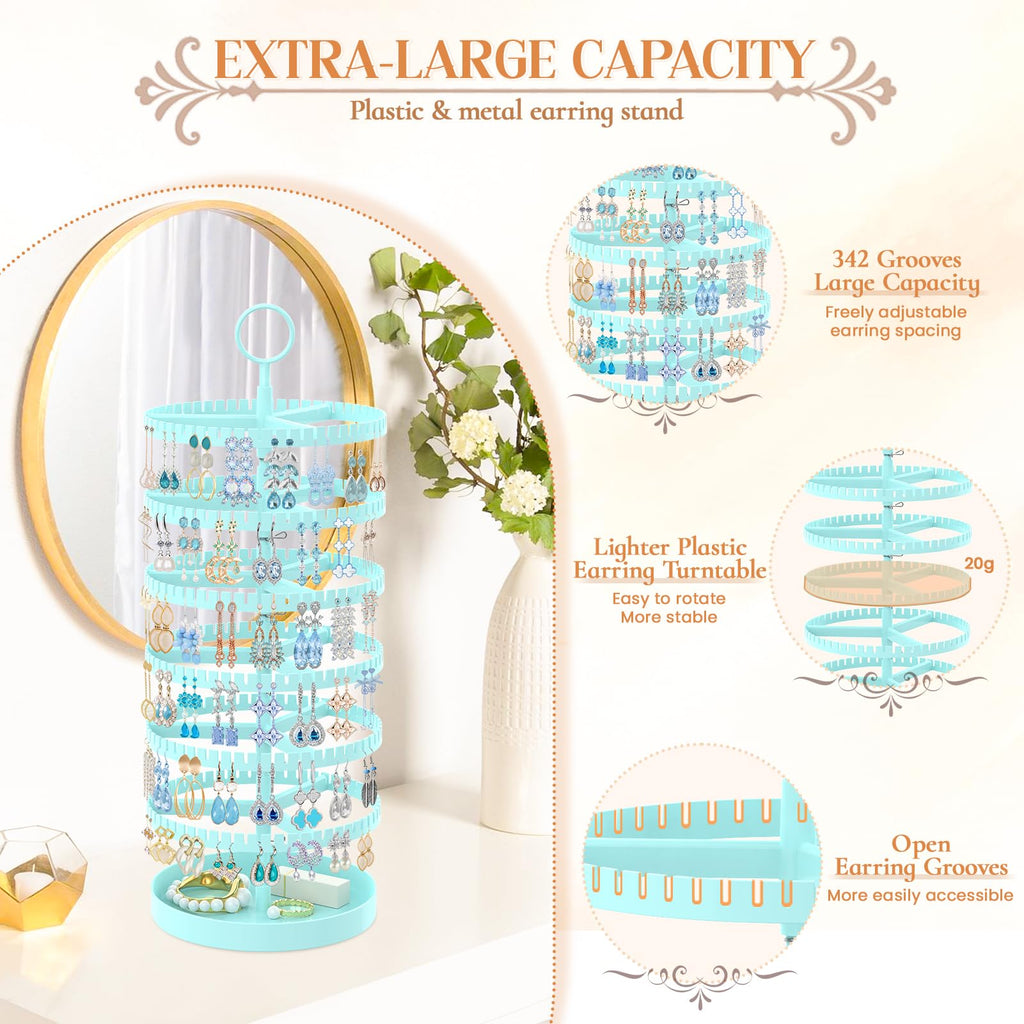 iDavosic.ly 6 Tier Rotating Earring Holder Organizer with Metal Tray, Adjustable Plastic Dangle Display Stands Tree with 342 Grooves, Large Hoop Storage Rack Tower, Blue