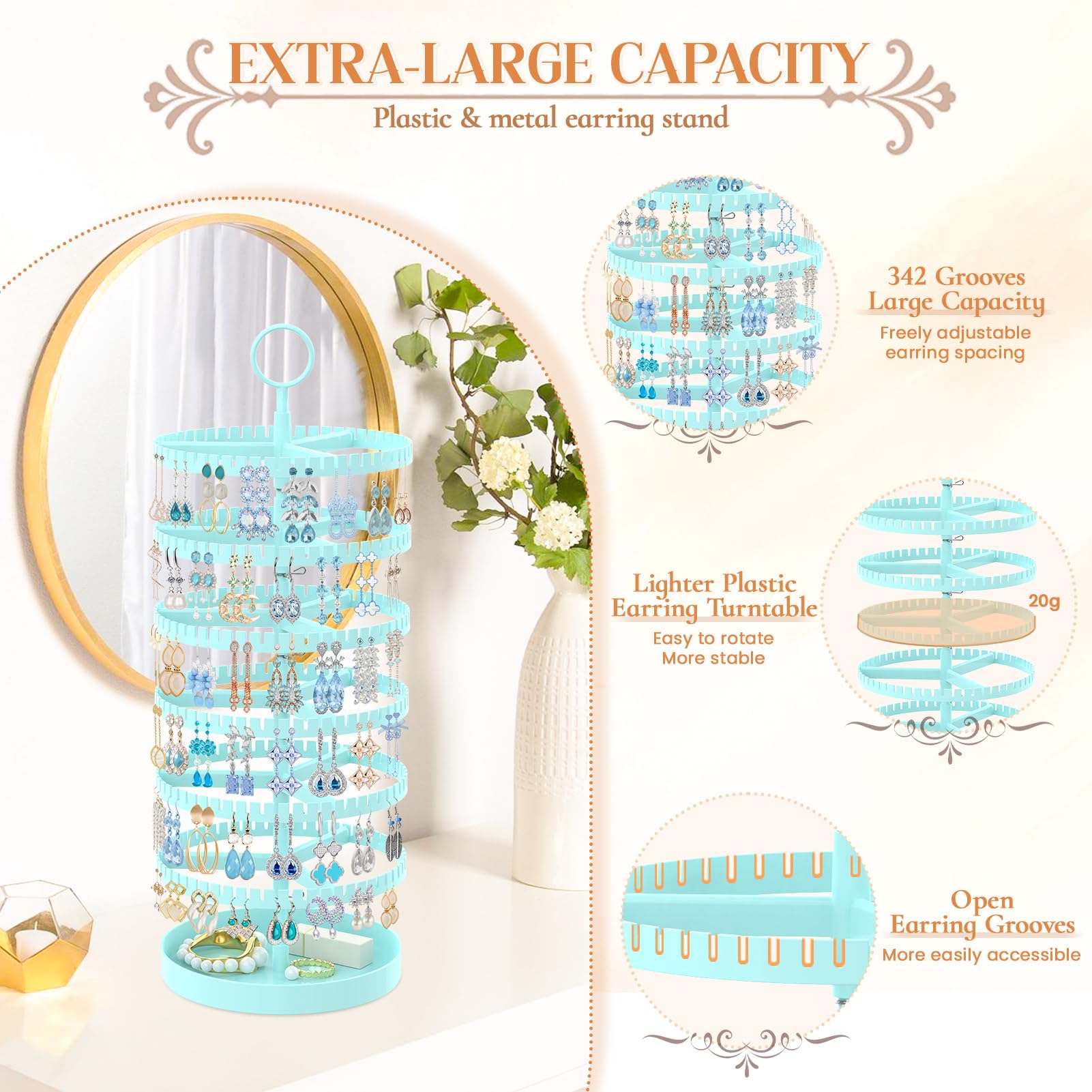 iDavosic.ly 6 Tier Rotating Earring Holder Organizer with Metal Tray, Adjustable Plastic Dangle Display Stands Tree with 342 Grooves, Large Hoop Storage Rack Tower, Blue