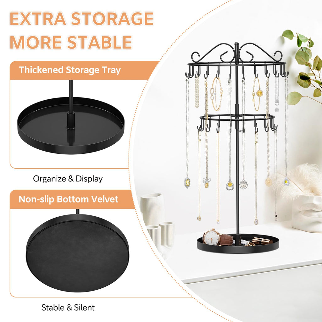 iDavosic.ly 2 Tier Rotating Necklace Organizer with Jewelry Tray, Adjustable Metal Necklace Holder with 42 Hooks, Extra Tall Bracelet Keychain Spinning Display Stand Tree Tower for Women, Black