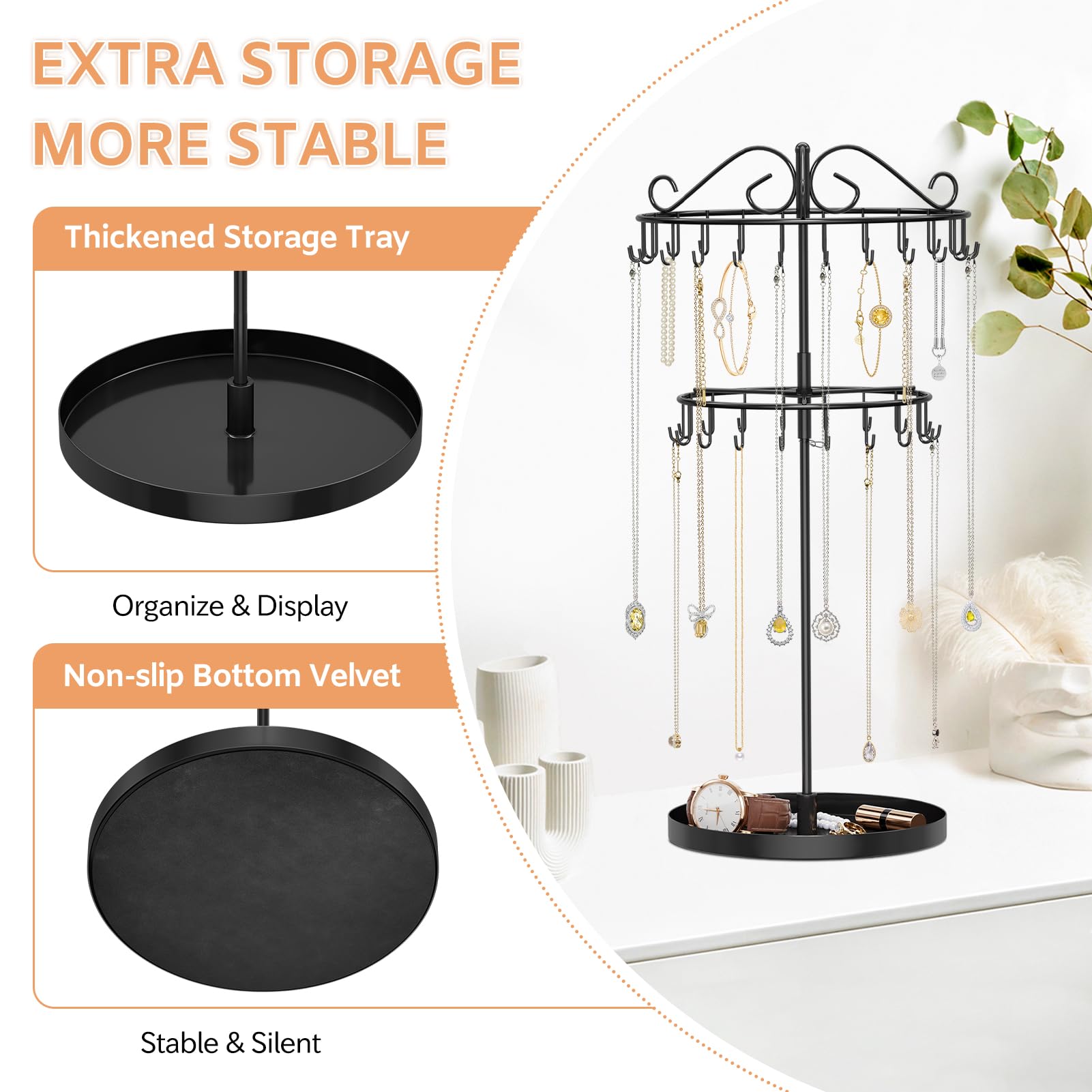 iDavosic.ly 2 Tier Metal Rotating Necklace Holder Organizer and 5 Layer Plastic Adjustable Earring Display Stand Rack, Extra Tall Bracelet Keychain Spinning Tree Tower for Women, Black White