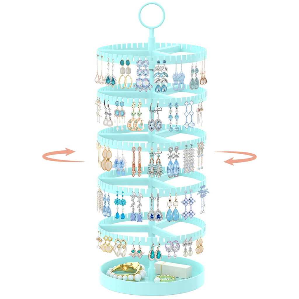 iDavosic.ly 5 Tier Rotating Earring Holder Organizer with Metal Tray, Adjustable Plastic Dangle Display Stands Tree with 285 Grooves, Large Hoop Storage Rack Tower, Blue