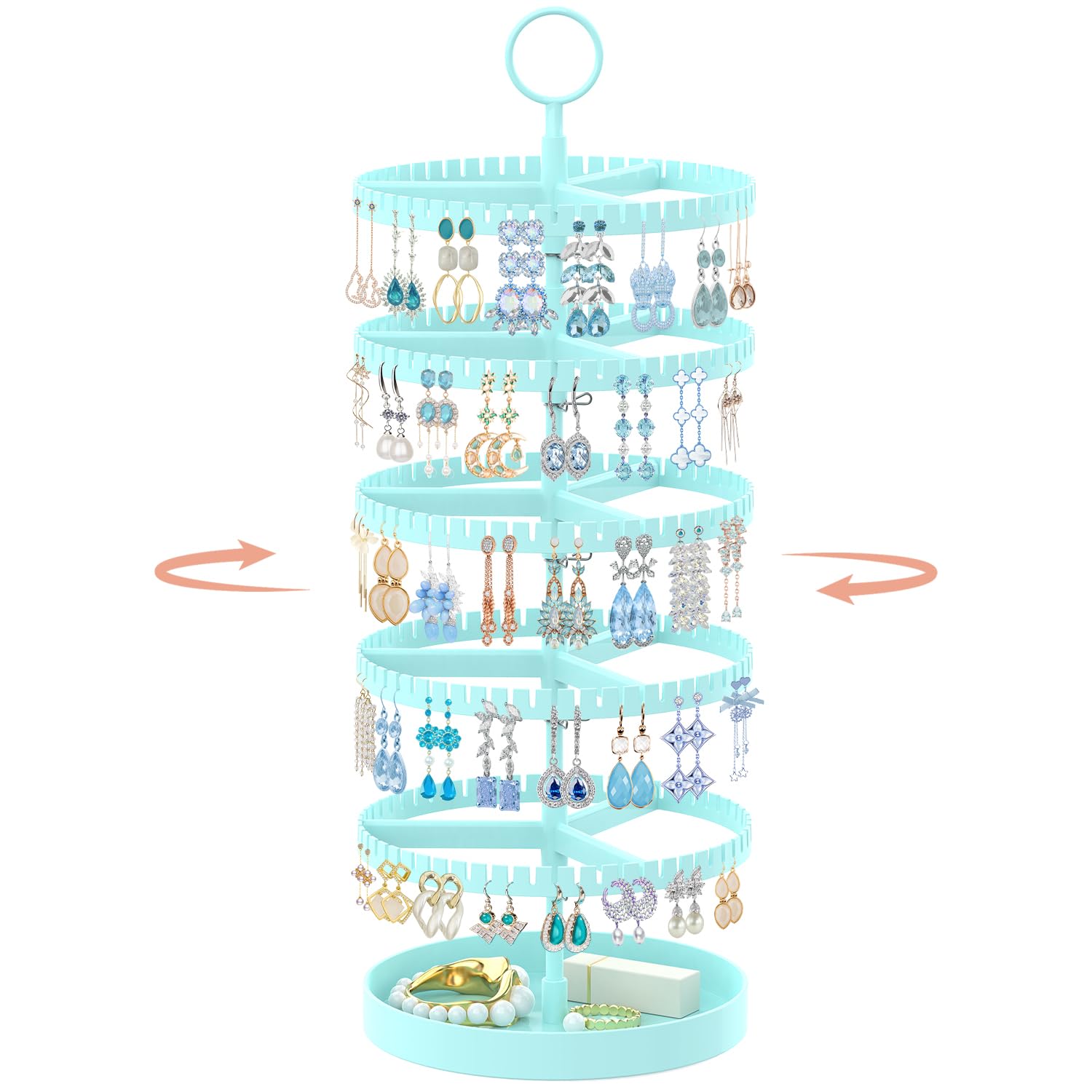 iDavosic.ly 5 Tier Rotating Earring Holder Organizer with Metal Tray, Adjustable Plastic Dangle Display Stands Tree with 285 Grooves, Large Hoop Storage Rack Tower, Blue