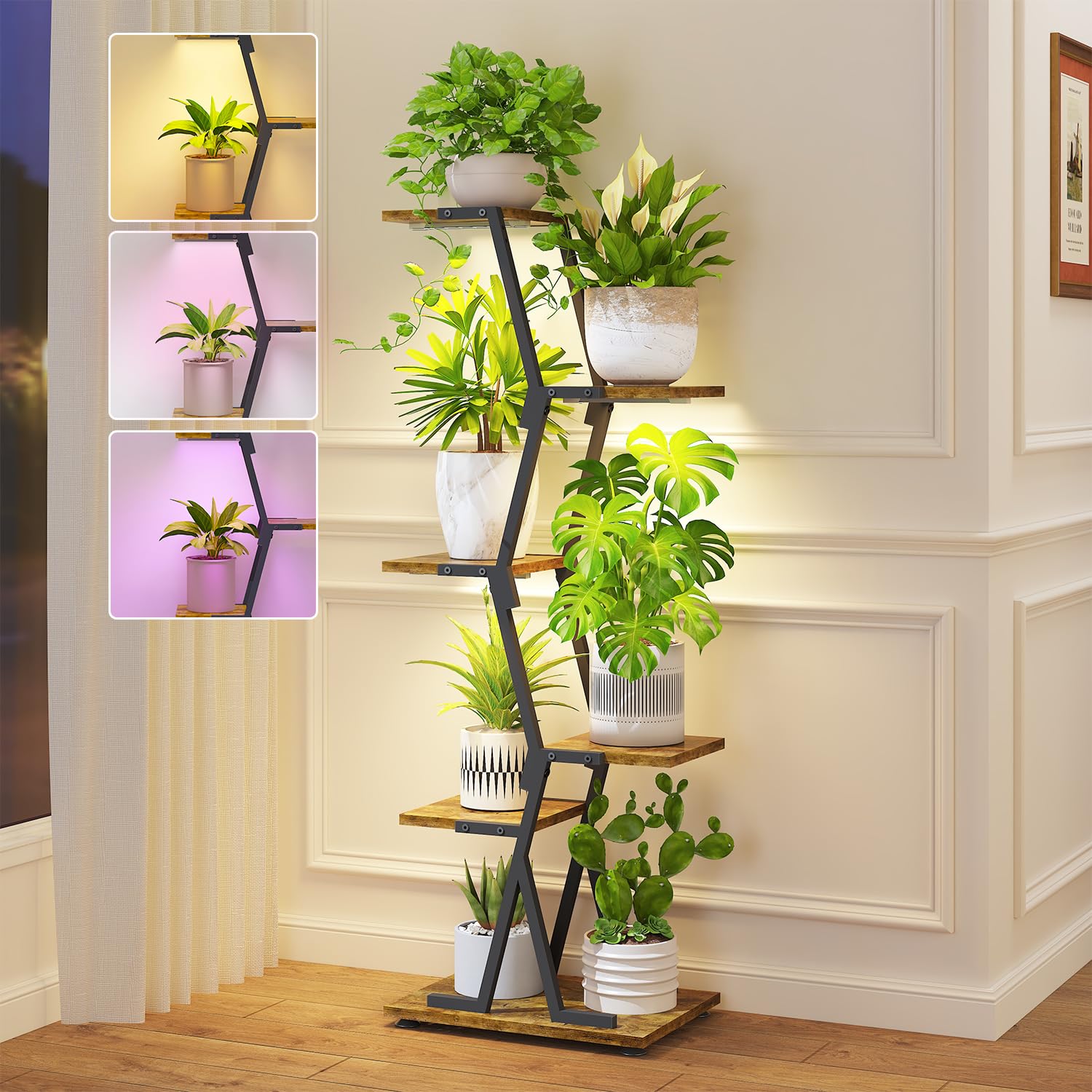 iDavosic.ly 5 Tier Indoor Plant Stand with Grow Light, Corner Tall Metal & Wood Flower Shelf, Orchid Display Rack for Living Room Balcony, Space Saving & Multifunctional Display, Black & Brown