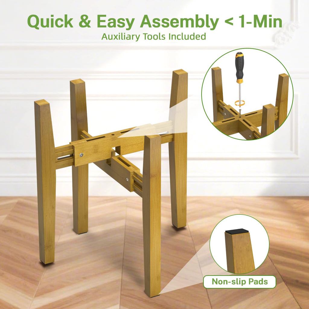 iDavosic.ly Adjustable Plant Pot Stand Indoor Outdoor 2 Pack, Metal Modern Bamboo Short Single Flower Holder Fits 8 to 12 Inch Large Heavy Duty Planter (Not Included) | Whinte and Brown