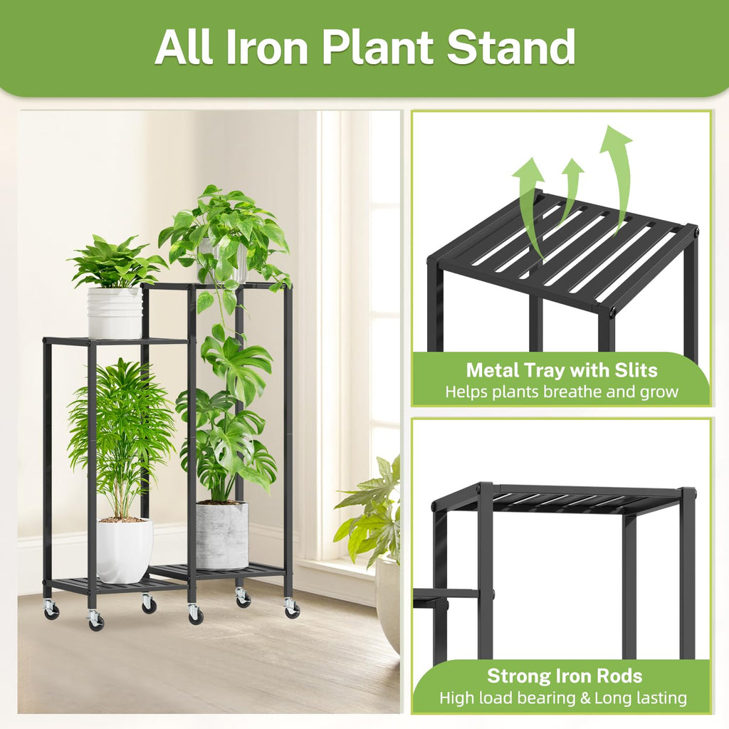 iDavosic.ly 2 Pack Plant Stand Indoor Outdoor, 4 Tier 33 Inch Tall Flower Pot Holder Shelf with Wheels and 5 Layer Foldable Metal Plastic Orchid Display Rack for Patio Garden Window Balcony, Black