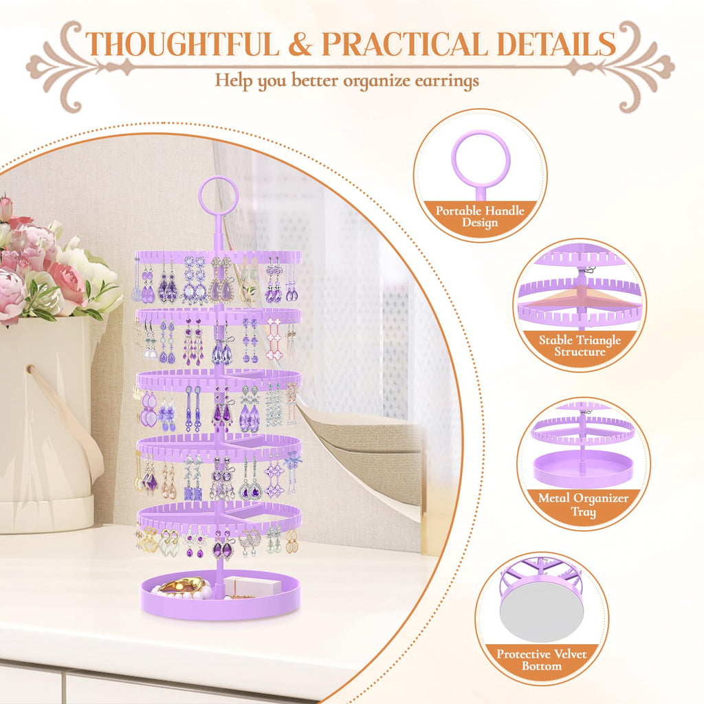 iDavosic.ly 5 Tier Rotating Earring Holder Organizer with Metal Tray, Adjustable Plastic Dangle Display Stands Tree with 285 Grooves, Large Hoop Storage Rack Tower, Purple
