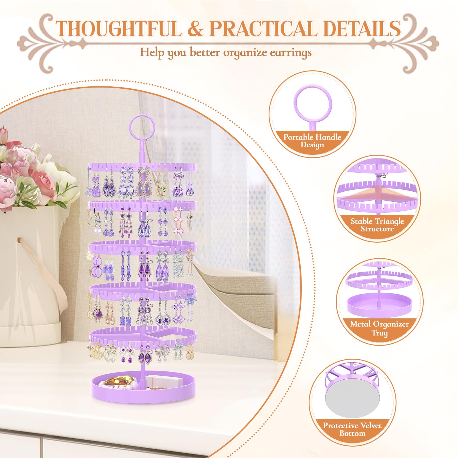 iDavosic.ly 5 Tier Rotating Earring Holder Organizer with Metal Tray, Adjustable Plastic Dangle Display Stands Tree with 285 Grooves, Large Hoop Storage Rack Tower, Purple