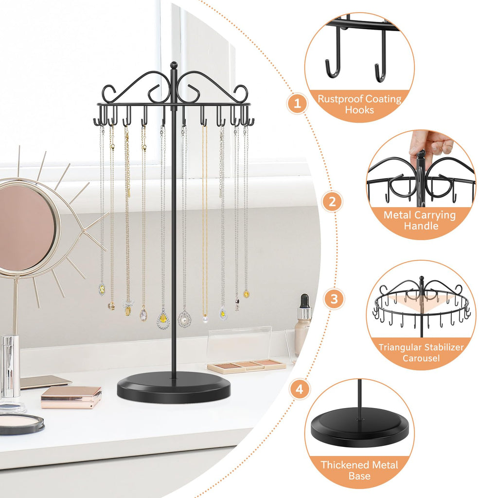 iDavosic.ly Rotating Necklace Holder Organizer with 24 Hooks, Adjustable Metal Bracelet Display Stand Rack, Extra Tall Keychain Spinning Tree Tower for Women, Black