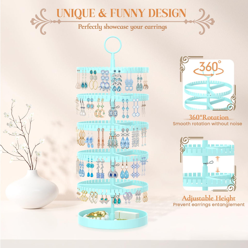 iDavosic.ly 5 Tier Rotating Earring Holder Organizer with Metal Tray, Adjustable Plastic Dangle Display Stands Tree with 285 Grooves, Large Hoop Storage Rack Tower, Blue