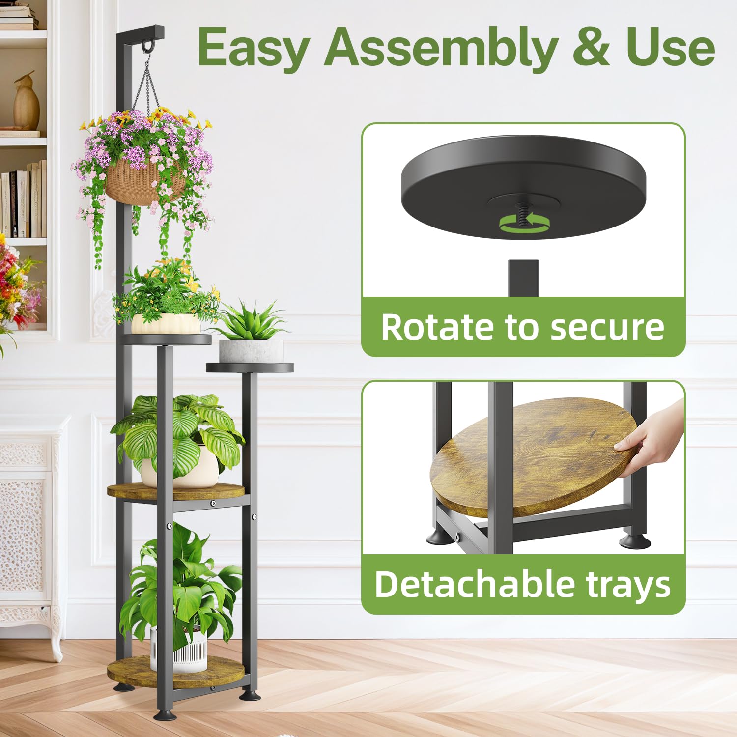 iDavosic.ly 4 Tier Hanging Plant Stand Indoor, Tall Vertical Corner Metal Flower Heavy Duty Pot Holder Shelf for Patio Porch Living Room, Modern Black & Rustic Brown - Round