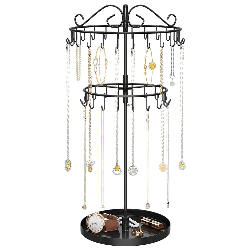 iDavosic.ly 2 Tier Rotating Necklace Organizer with Jewelry Tray, Adjustable Metal Necklace Holder with 42 Hooks, Extra Tall Bracelet Keychain Spinning Display Stand Tree Tower for Women, Black