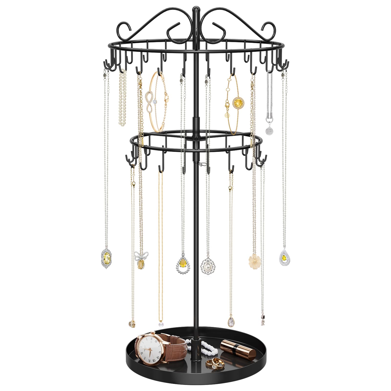 iDavosic.ly 2 Tier Rotating Necklace Organizer with Jewelry Tray, Adjustable Metal Necklace Holder with 42 Hooks, Extra Tall Bracelet Keychain Spinning Display Stand Tree Tower for Women, Black