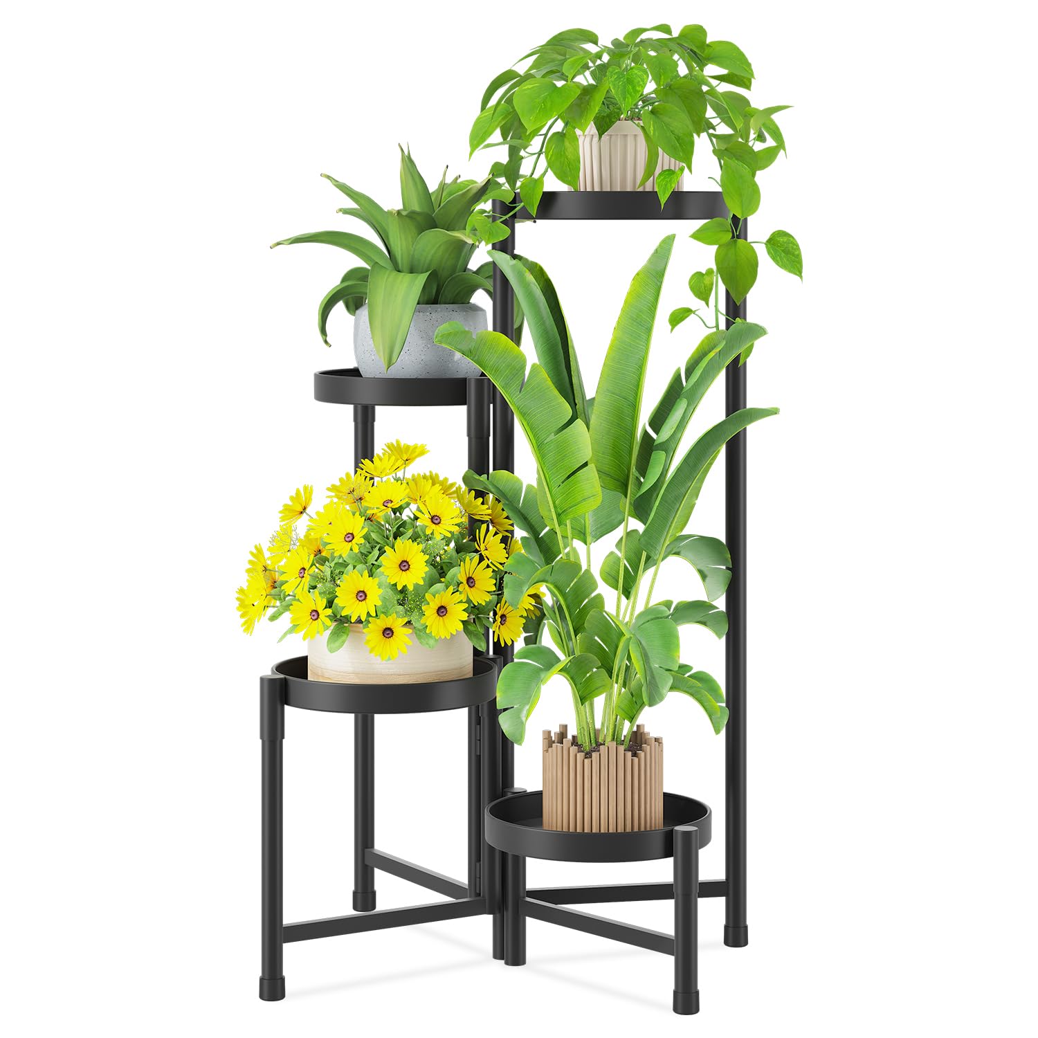 iDavosic.ly Plant Stand Indoor Outdoor, 4 Tier Corner Metal Flower Display Holder Shelf, Easy Assembly Folding Tall Orchid Rack for Patio Balcony Porch Garden Living Room House, Black