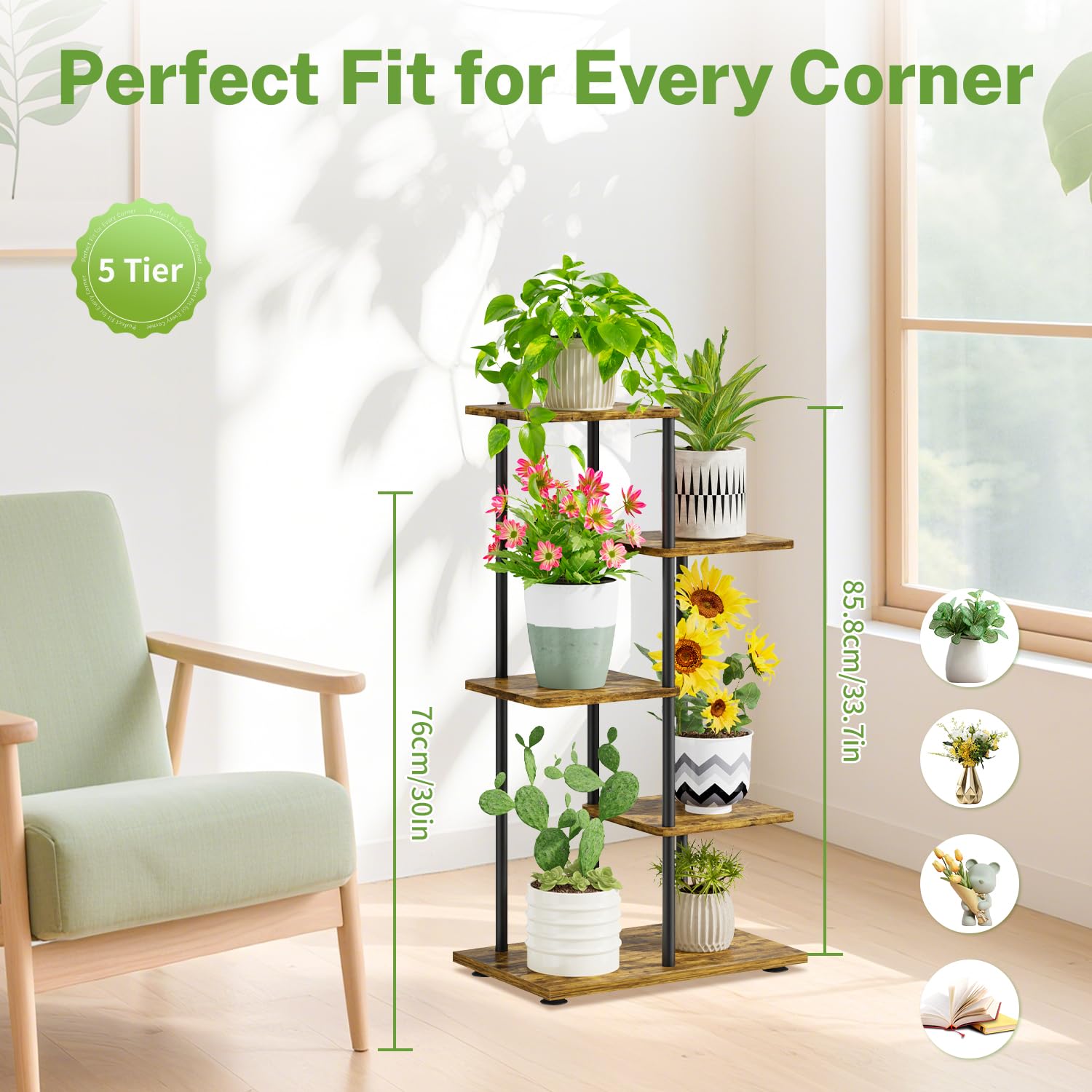 iDavosic.ly Plant Stand Indoor Outdoor Set of 2，5 Tier Tiered Corner Multiple Flower Pot Holder Shelf and 4 Layer Tall Orchid Display Rack for Patio Porch Living Room Balcony