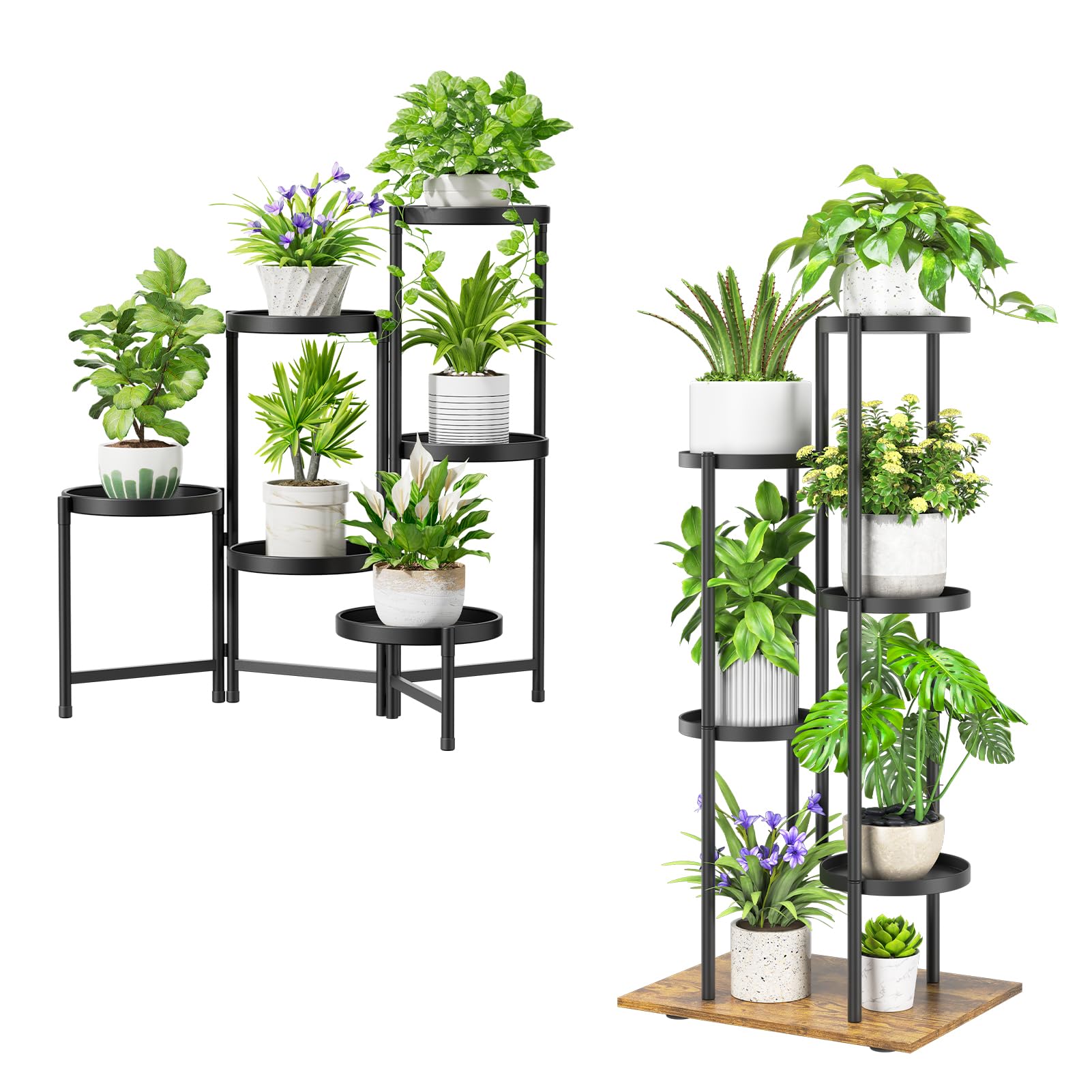 iDavosic.ly Plant Stand for Indoor Outdoor Set of 2, 6 Tier Large Metal Folding Flower Display Holder Shelf and 5 Layer Tall Corner Orchid Rack for House Patio Balcony Garden Living Room Porch, Black