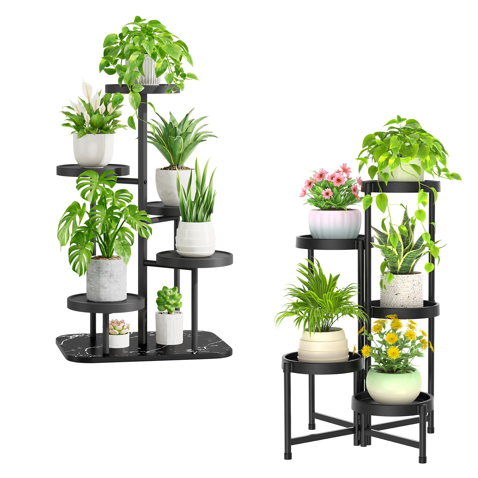 iDavosic.ly 2 Pack 5 Tier Metal Plastic Plant Stand for Indoor Outdoor, Tall Tiered Flower Pot Holder Shelf and Foldable Corner Orchid Display Rack for Living Room Garden Balcony Bedroom Patio, Black