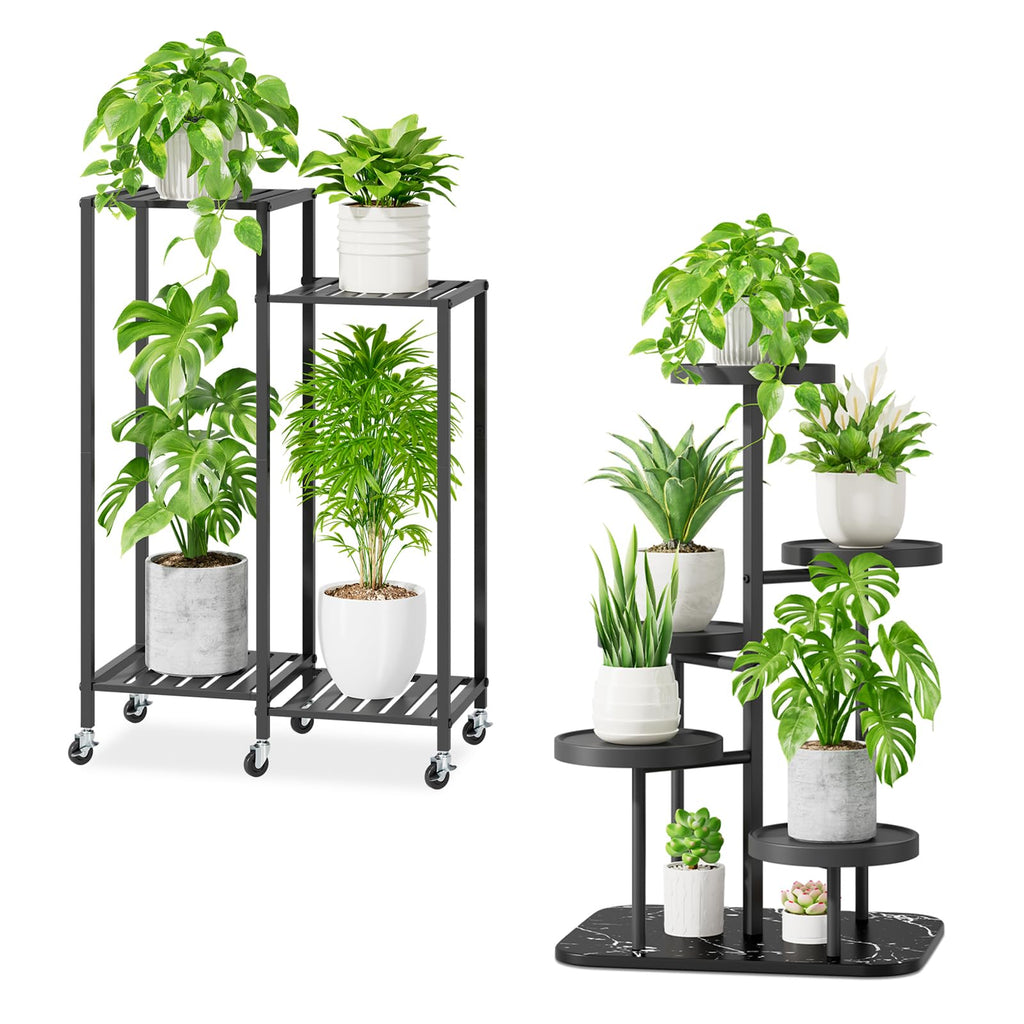 iDavosic.ly Plant Stand for Indoor Outdoor 2 Pack, 4 Tier Flower Holder Shelf with Wheels and 5 Layer Metal Plastic Tall Orchid Display Rack for Patio Porch Living Room Garden Balcony, Black