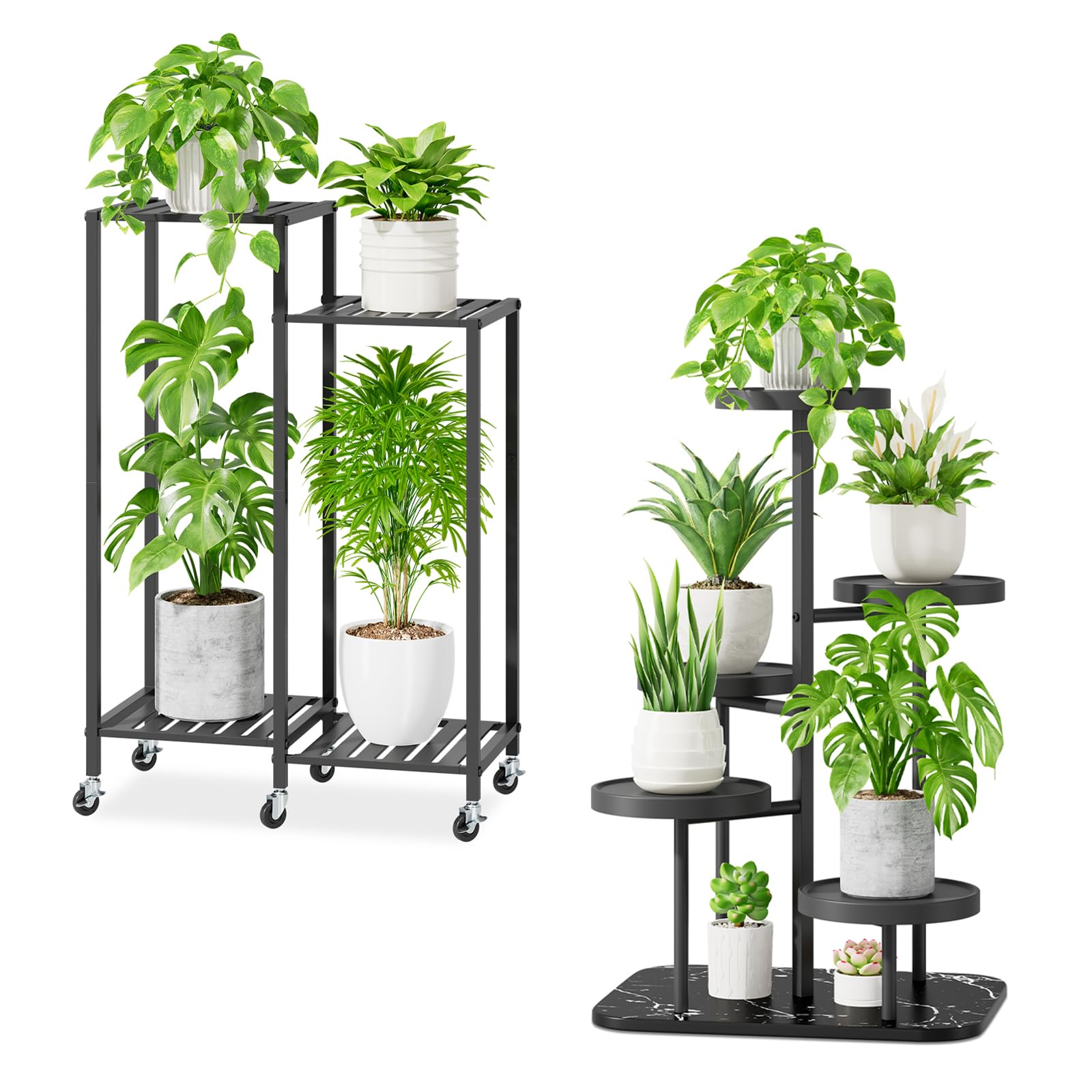 iDavosic.ly Plant Stand for Indoor Outdoor 2 Pack, 4 Tier Flower Holder Shelf with Wheels and 5 Layer Metal Plastic Tall Orchid Display Rack for Patio Porch Living Room Garden Balcony, Black