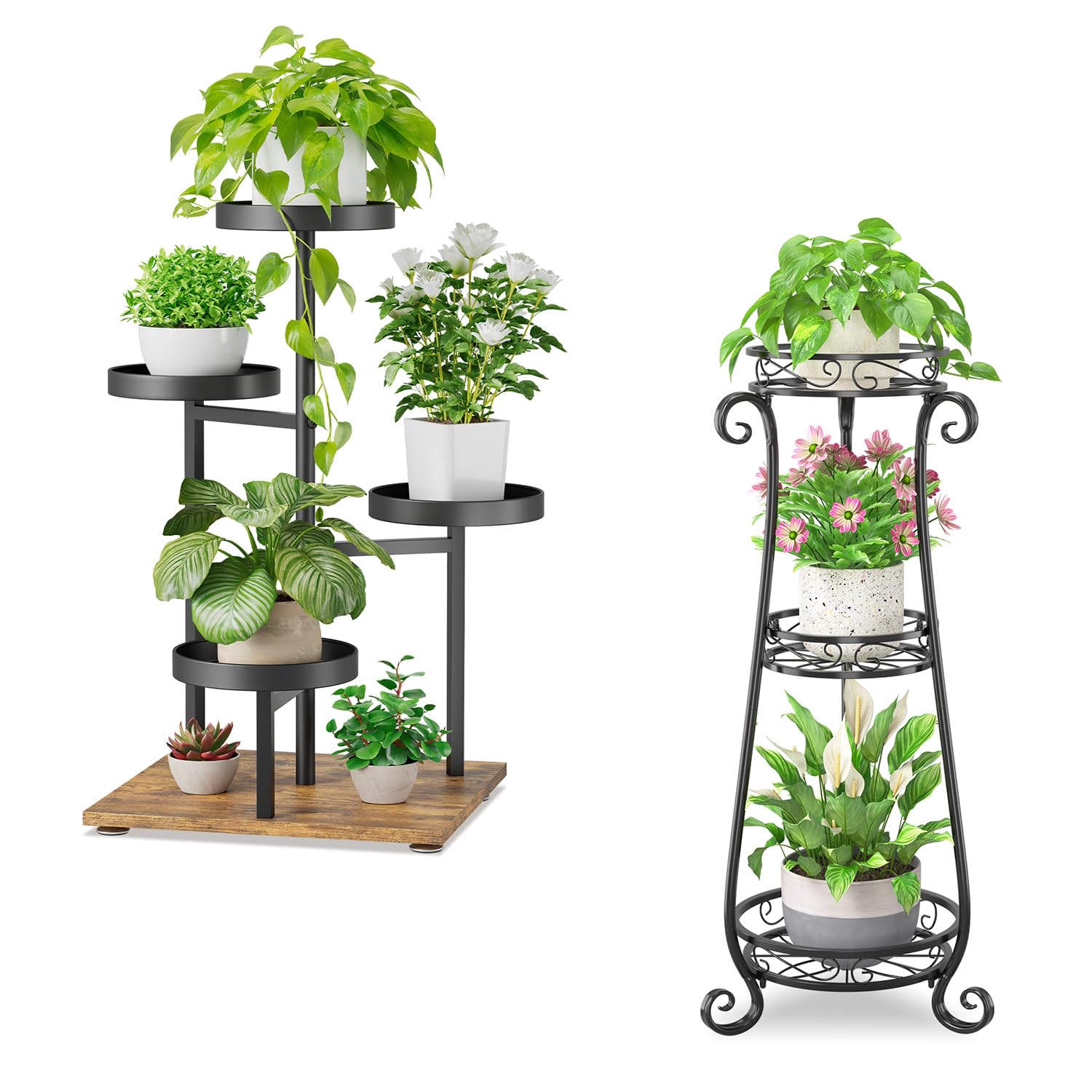 iDavosic.ly Plant Stand Indoor Outdoor Set of 2, 3 Tiered Metal Corner Flower Holder Shelf and 4 Layer Wrought Iron Orchid Display Rack for Patio Porch Garden Balcony Office Living Room