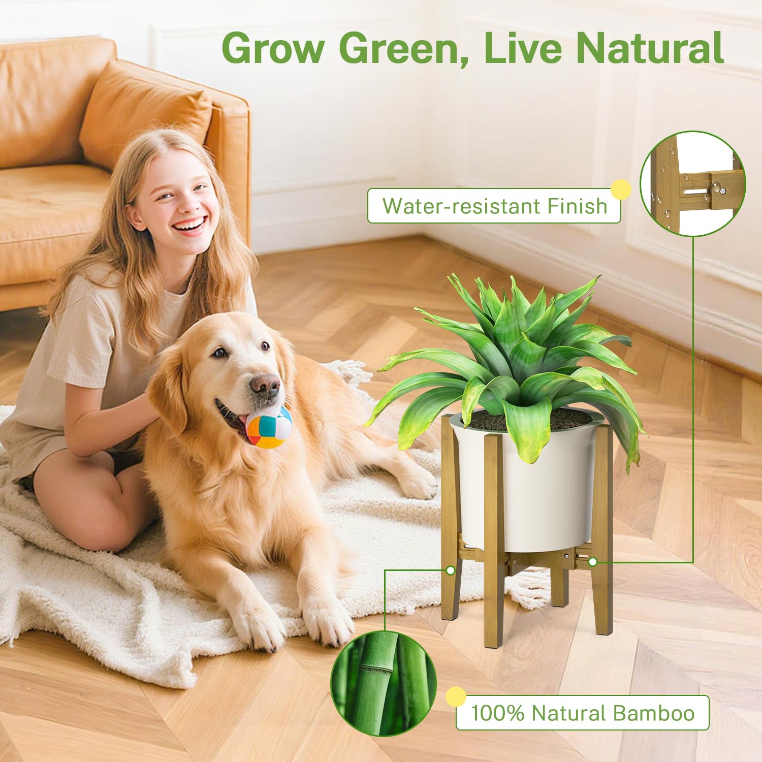 iDavosic.ly Adjustable Plant Pot Stand Indoor Outdoor 2 Pack, Metal Modern Bamboo Short Single Flower Holder Fits 8 to 12 Inch Large Heavy Duty Planter (Not Included) | Whinte and Brown