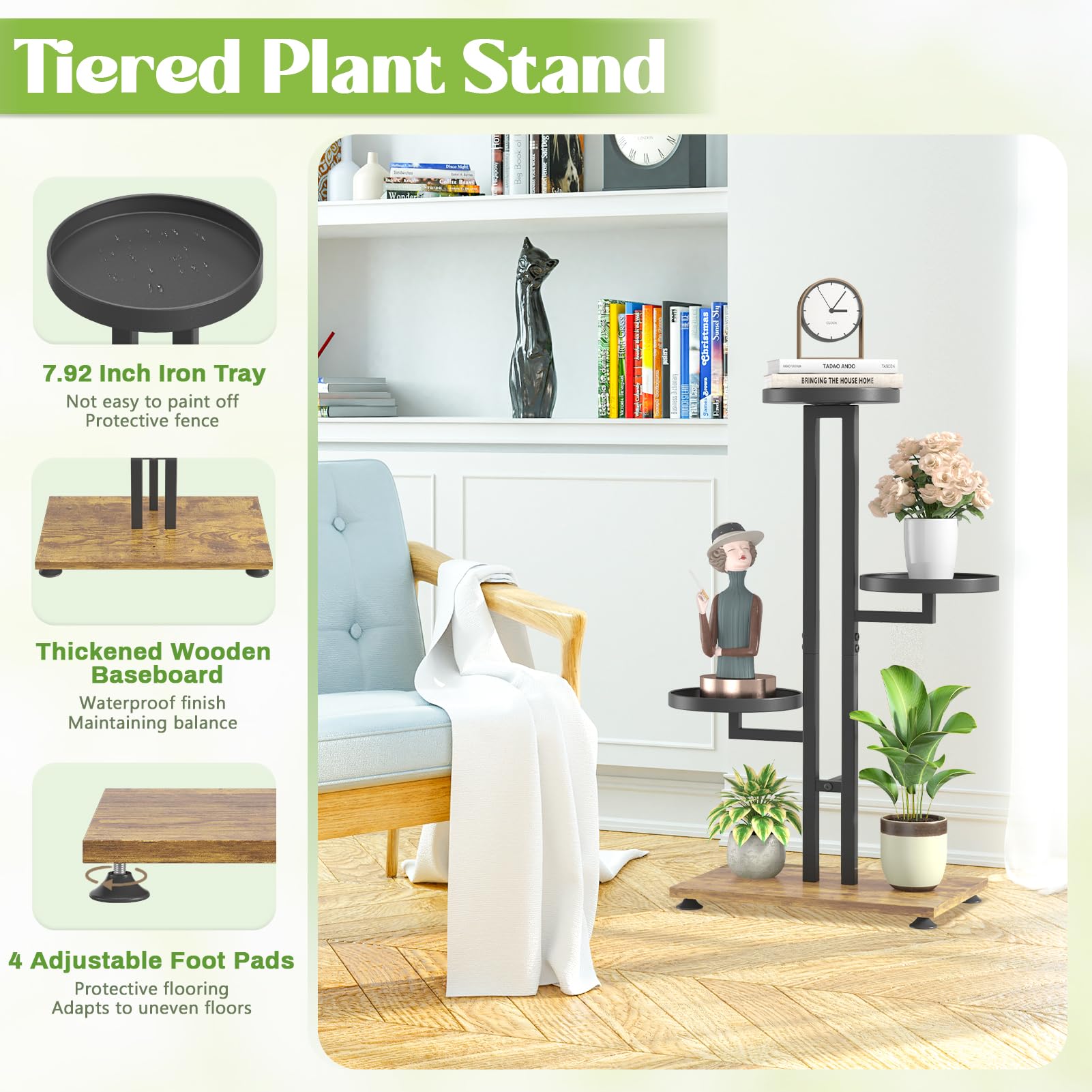 iDavosic.ly Plant Stand for Indoor Outdoor 2 Pack, 3 Tier Wrought Iron Vertical Flower Holder Shelf and 4 Layer Metal Pot Display Rack for Patio Porch Garden Living Room, Black