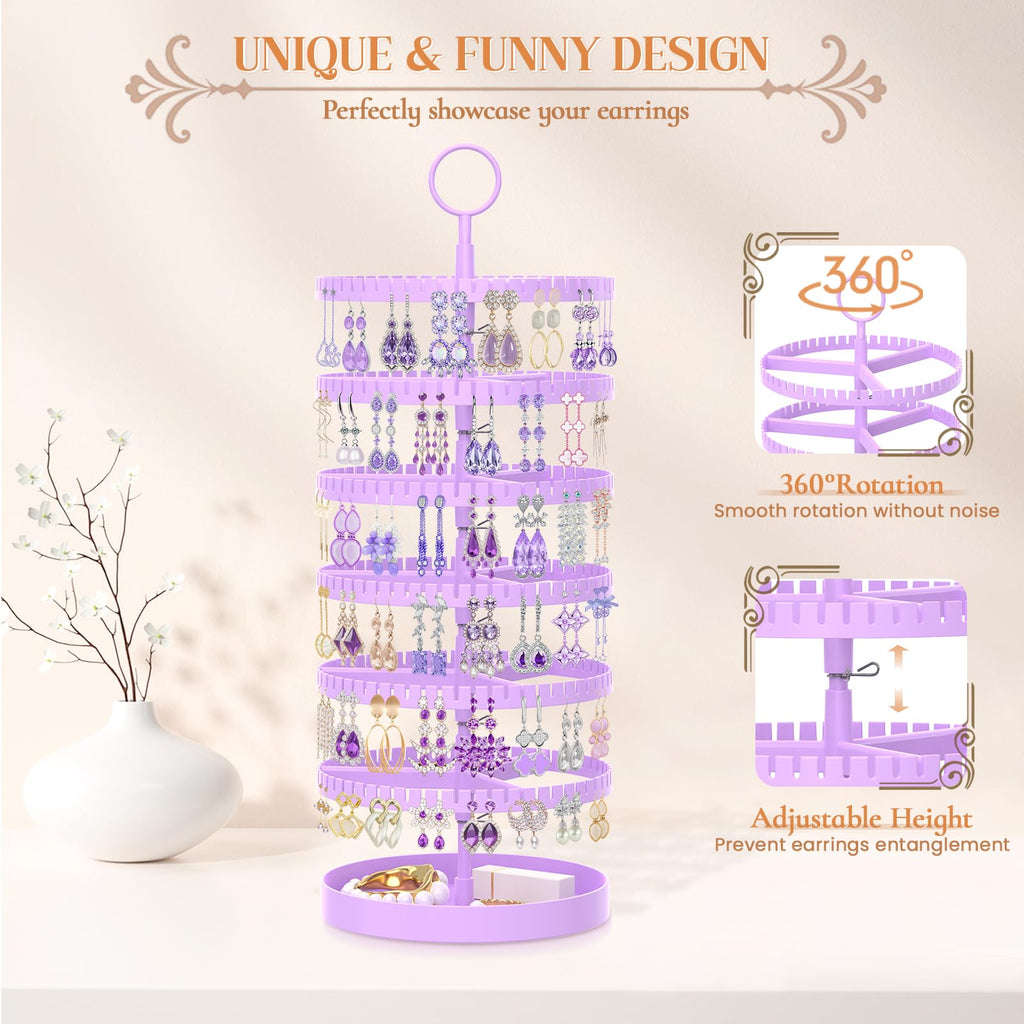 iDavosic.ly 6 Tier Rotating Earring Holder Organizer with Metal Tray, Adjustable Plastic Dangle Display Stands Tree with 342 Grooves, Large Hoop Storage Rack Tower, Purple