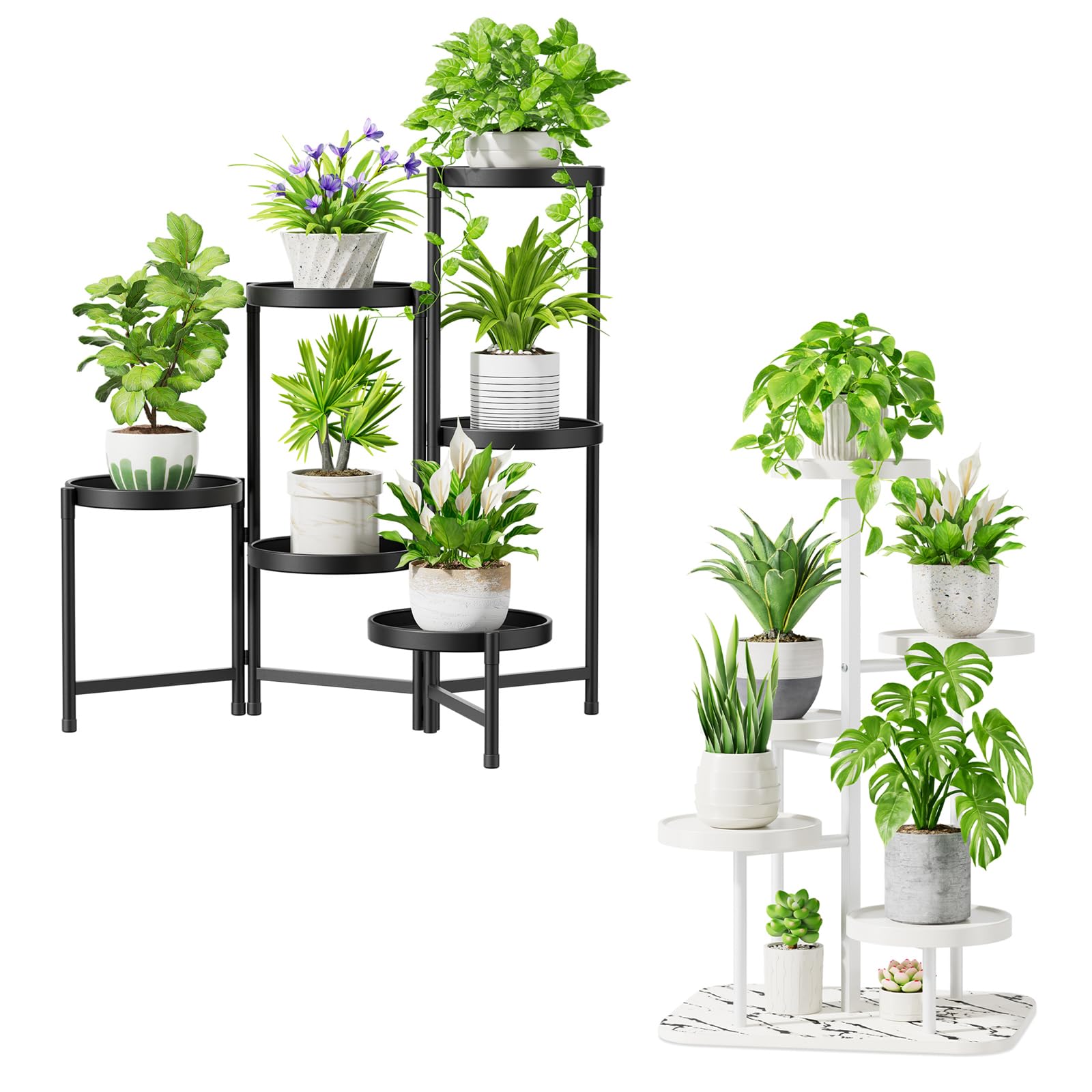 iDavosic.ly Plant Stand for Indoor Outdoor 2 Pack, 6 Tier Folding Large Corner Flower Holder Shelf Black and 5 Layer Metal Plastic White Tall Orchid Display Rack for House Patio Porch Garden Balcony