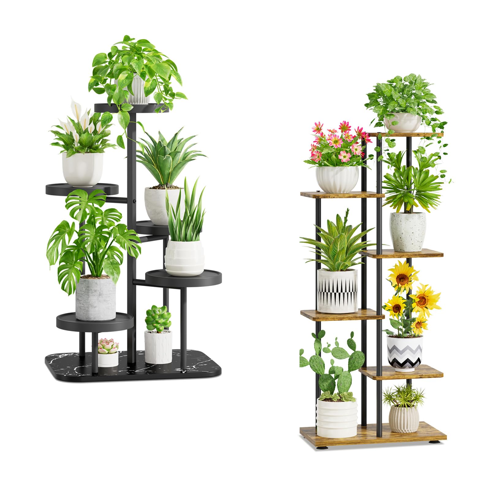 iDavosic.ly 5 Tier Plant Stand for Indoor Outdoor Set of 2, Metal Plastic Flower Pot Holder Shelf and Wood Corner 42 Inch Tall Orchid Display Rack for Patio Porch Living Room Garden Balcony, Black