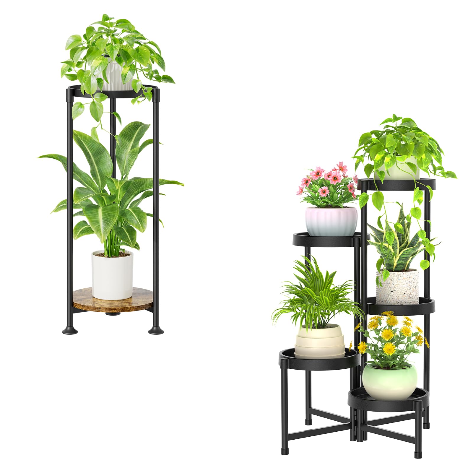 iDavosic.ly Set of 2 Plant Stand for Indoor Outdoor, Small Heavy Duty Iron Flower Display Holder Rack and 5 Tier Metal Plastic Tall Corner Shelf for Balcony Patio Garden Porch, Black