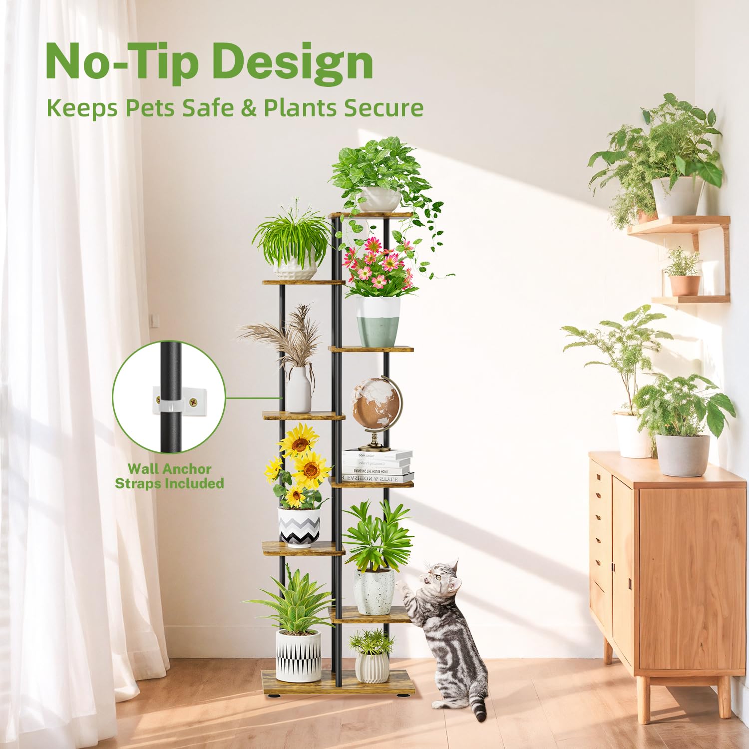 iDavosic.ly 7 Tier Plant Stand Indoor Outdoor Set of 2, Large Foldable Corner Flower Pot Holder Shelf and Metal Wood 58 Inch Tall Orchid Display Rack for Patio Porch Living Room Garden Balcony, Black