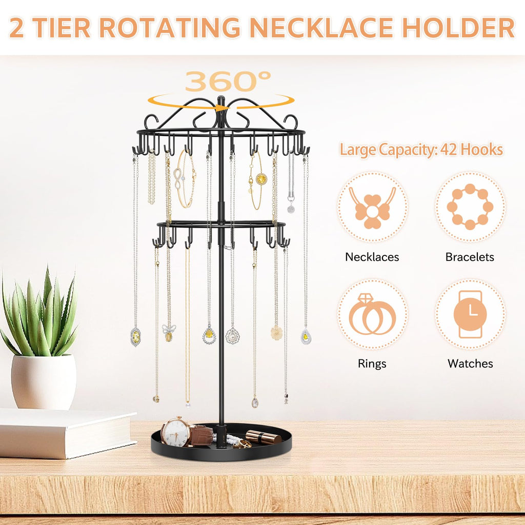 iDavosic.ly 2 Tier Metal Rotating Necklace Holder Organizer and 5 Layer Plastic Adjustable Earring Display Stand Rack, Extra Tall Bracelet Keychain Spinning Tree Tower for Women, Black