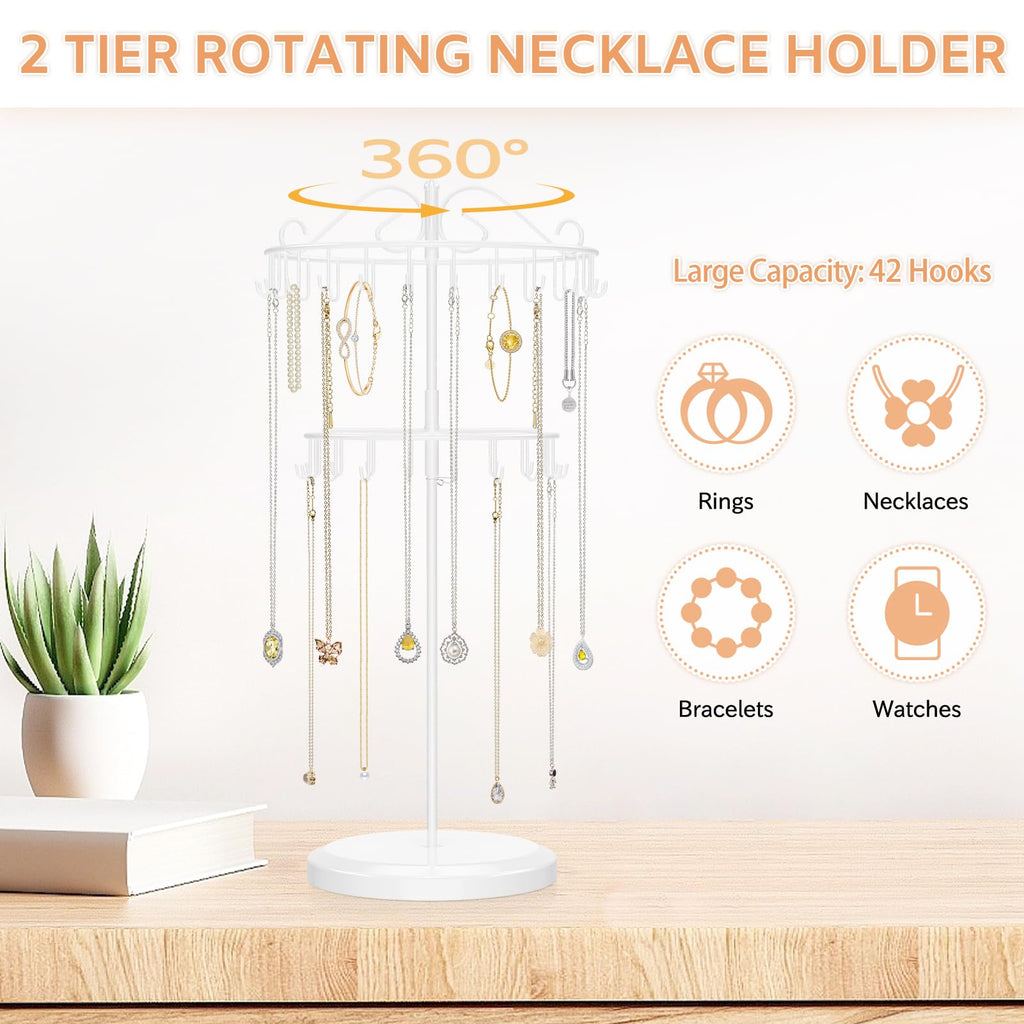 iDavosic.ly 2 Tier Metal Rotating Necklace Holder Organizer and 5 Layer Plastic Adjustable Earring Display Stand Rack with Iron Tray, Bracelet Keychain Spinning Tree Tower for Women Girl, White Black