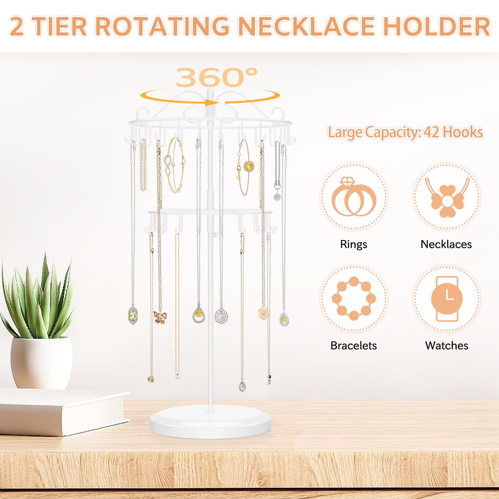 iDavosic.ly 2 Tier Rotating Necklace Holder Organizer with 42 Hooks, Adjustable Metal Bracelet Display Stand Rack, Extra Tall Keychain Spinning Tree Tower for Women, White