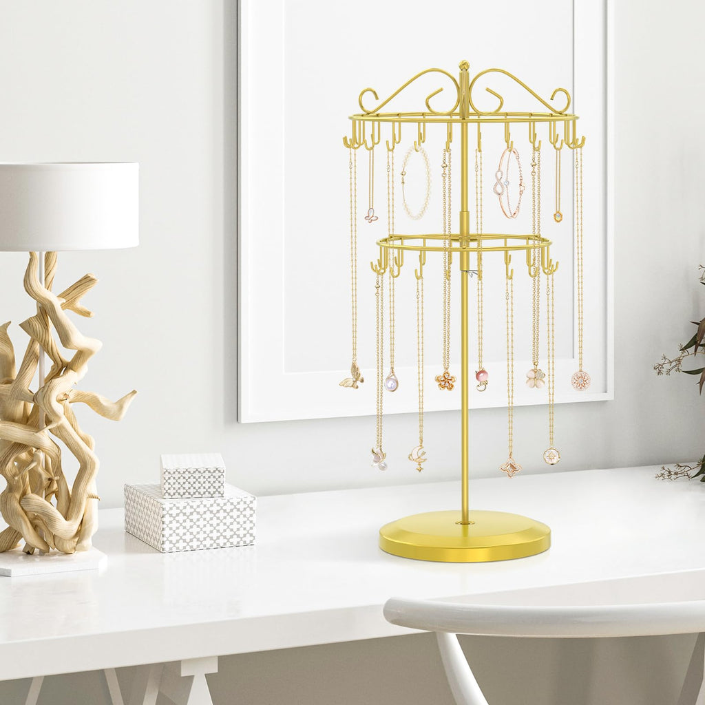 iDavosic.ly 2 Tier Rotating Necklace Holder Organizer with 42 Hooks, Adjustable Metal Bracelet Display Stand Rack, Extra Tall Keychain Spinning Tree Tower for Women, Gold