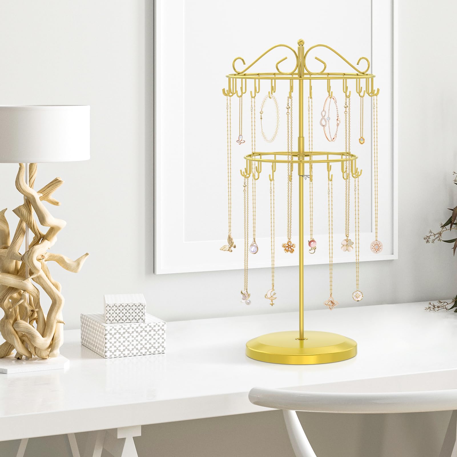 iDavosic.ly 2 Tier Rotating Necklace Holder Organizer with 42 Hooks, Adjustable Metal Bracelet Display Stand Rack, Extra Tall Keychain Spinning Tree Tower for Women, Gold