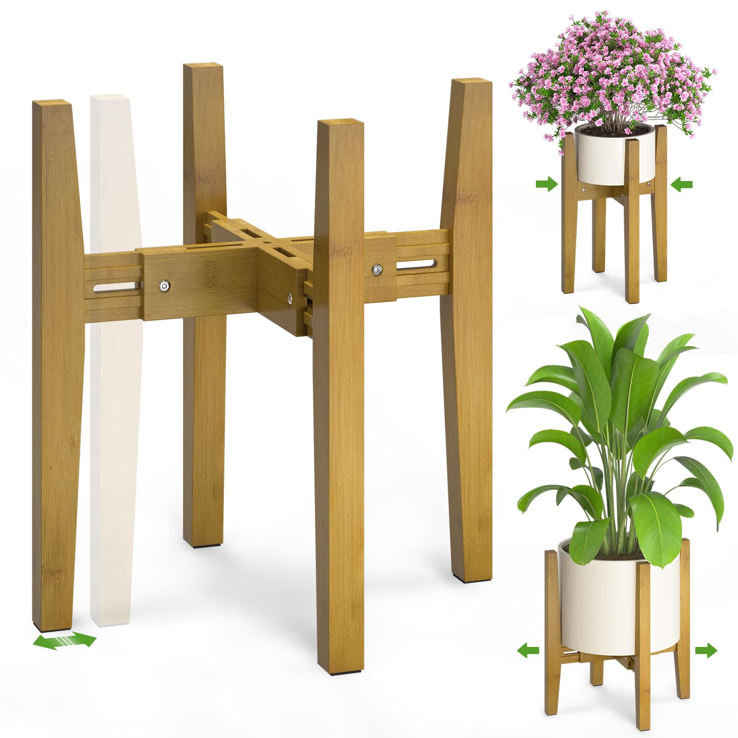 iDavosic.ly Adjustable Plant Pot Stand Indoor Outdoor Set of 2, Stable Plant Holder, Fit 8 to 12 Inch Large Heavy Duty Planter (Not Included) | for Balcony, Living Room, Porch, Brown & Black