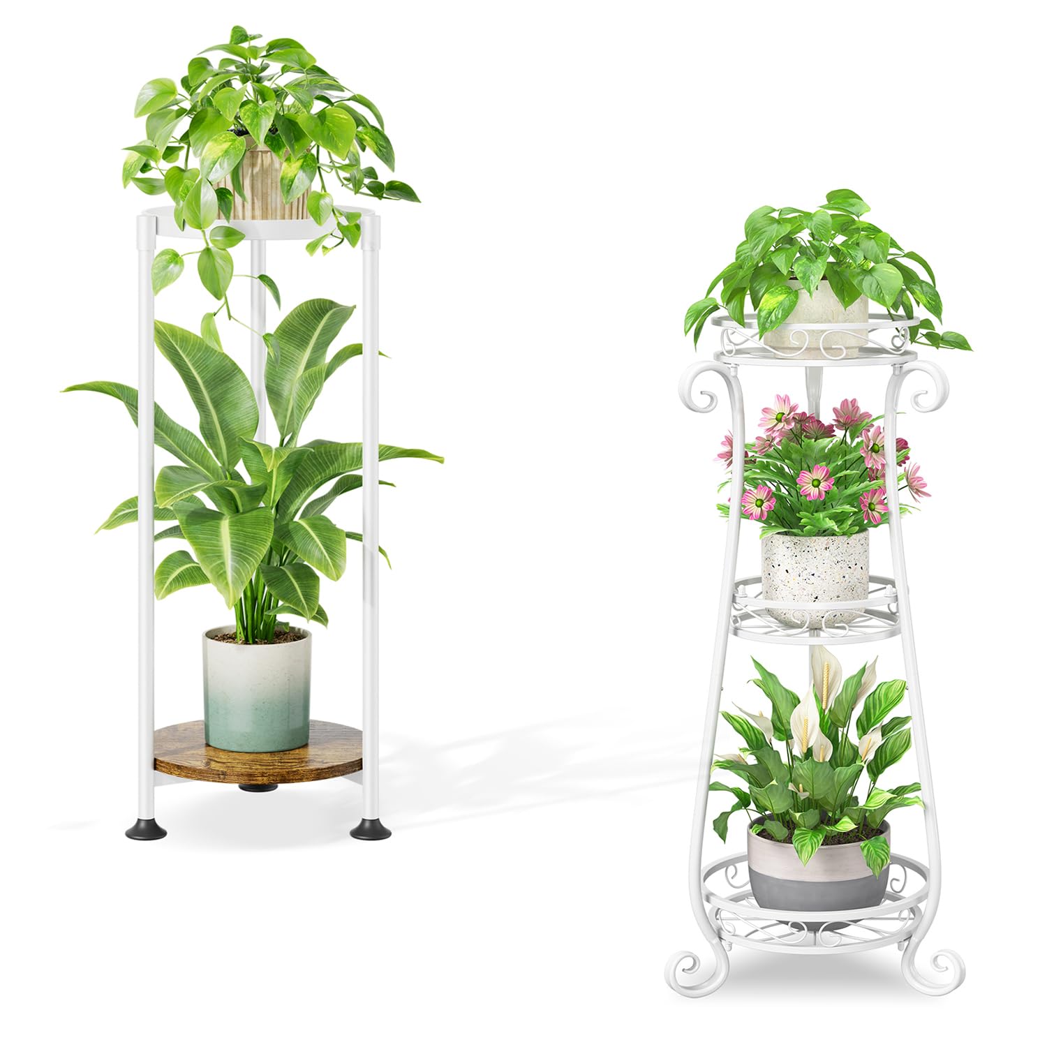 iDavosic.ly Metal Plant Stand Indoor Outdoor Set of 2, 3 Tiered Corner Flower Holder Shelf and 2 Layer Tall Vertical Heavy Duty Display Rack for Patio Porch Living Room, Modern White & Rustic Brown