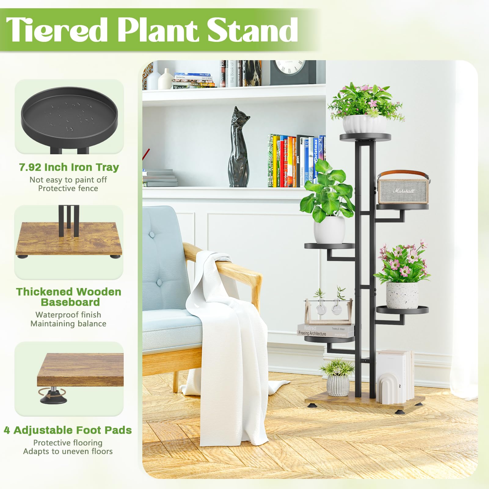 iDavosic.ly 2 Pack Plant Stand Indoor Outdoor, 6 Tier Metal Tall Corner Shelf and 5 Layer Foldable Plastic Flower Pot Display Holder Rack for Patio Living Room Garden Balcony Bedroom, Black