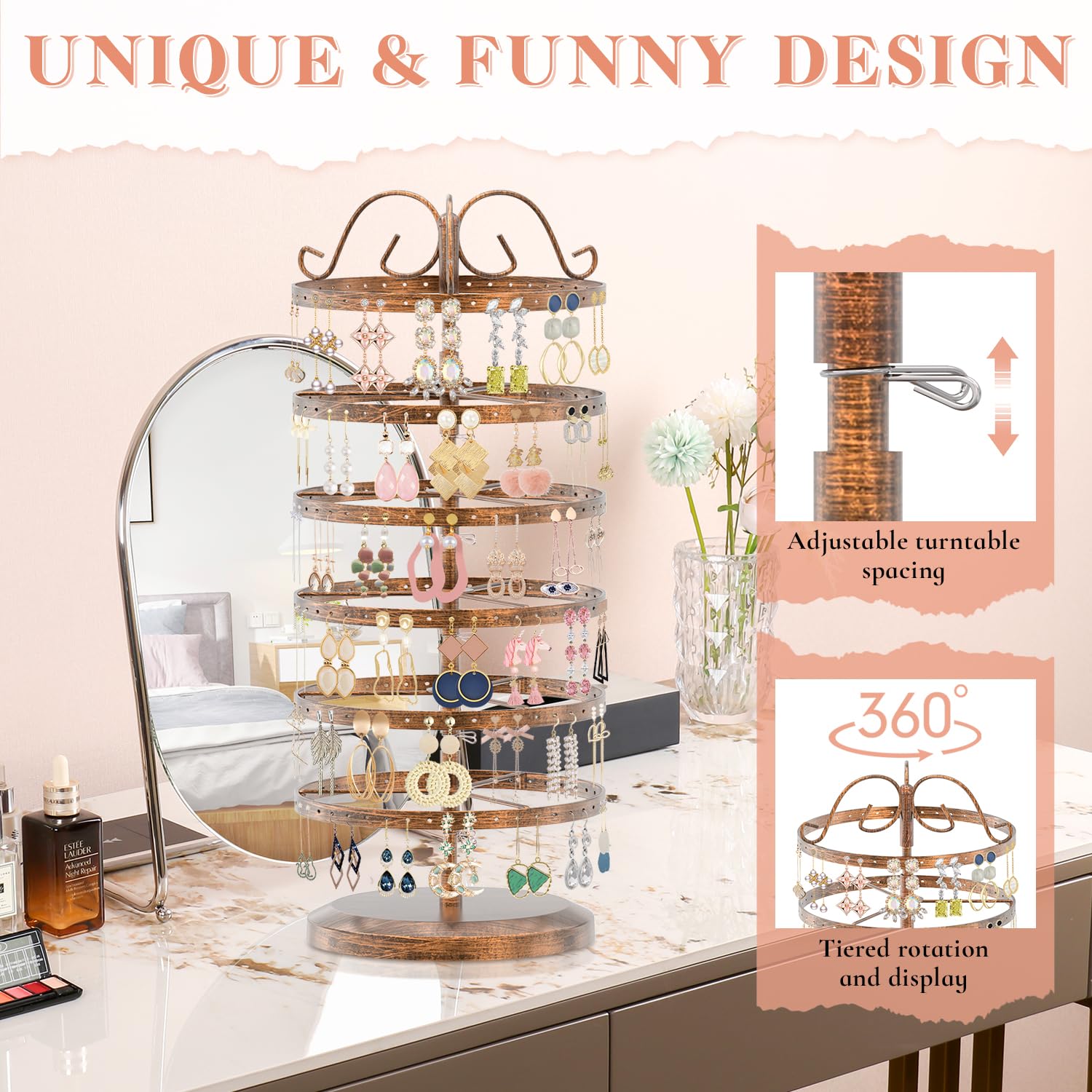 iDavosic.ly 6 Tier Metal Rotating Earring Holder Organizer, 264 Holes Large Stud Storage Display Stands Tree Rack, Adjustable Pierced Hoop Dangle Tower for Women, Bronze