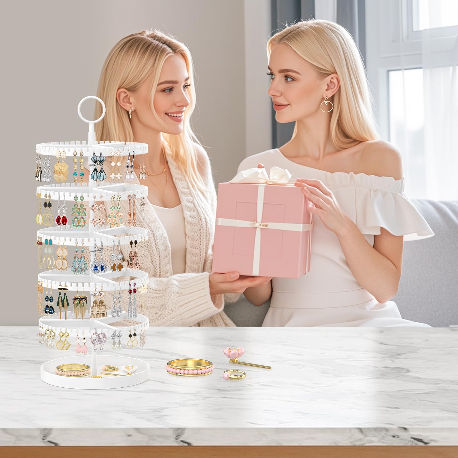 iDavosic.ly 5 Tier Rotating Earring Holder Organizer with Metal Tray, Adjustable Plastic Dangle Display Stands Tree with 285 Grooves, Large Hoop Storage Rack Tower, White