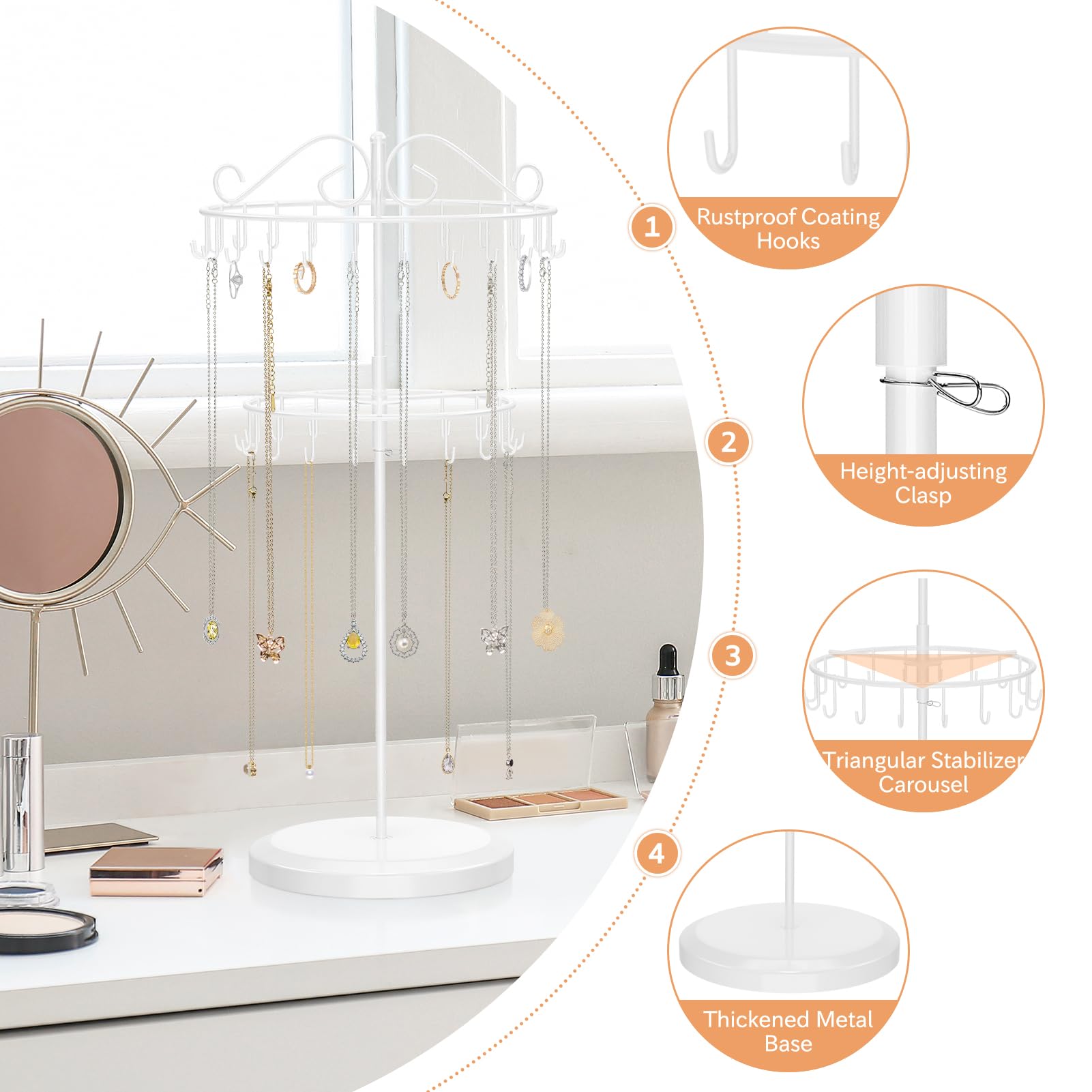 iDavosic.ly 2 Tier Metal Rotating Necklace Holder Organizer and 5 Layer Plastic Adjustable Earring Display Stand Rack with Iron Tray, Bracelet Keychain Spinning Tree Tower for Women Girl, White