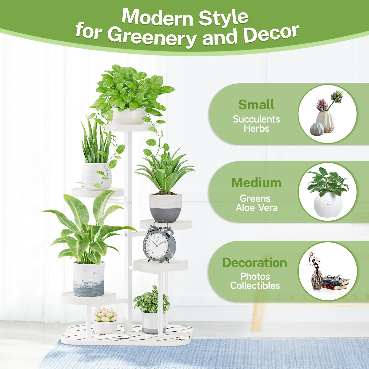 iDavosic.ly 2 Pack 5 Tier Metal Plastic Plant Stand for Indoor Outdoor, Tall Tiered White Flower Holder Shelf and Foldable Corner Black Orchid Display Rack for Living Room Garden Balcony Bedroom Patio