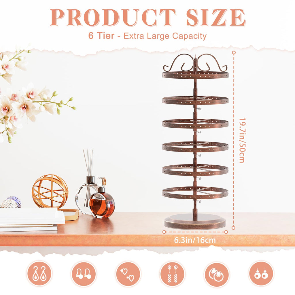 iDavosic.ly 6 Tier Rotating Earring Holder Organizer Set of 2, Metal Large Stud Storage Stand, Adjustable Plastic Dangle Hoop Display Rack Tower with Tray for Women, Bronze Black