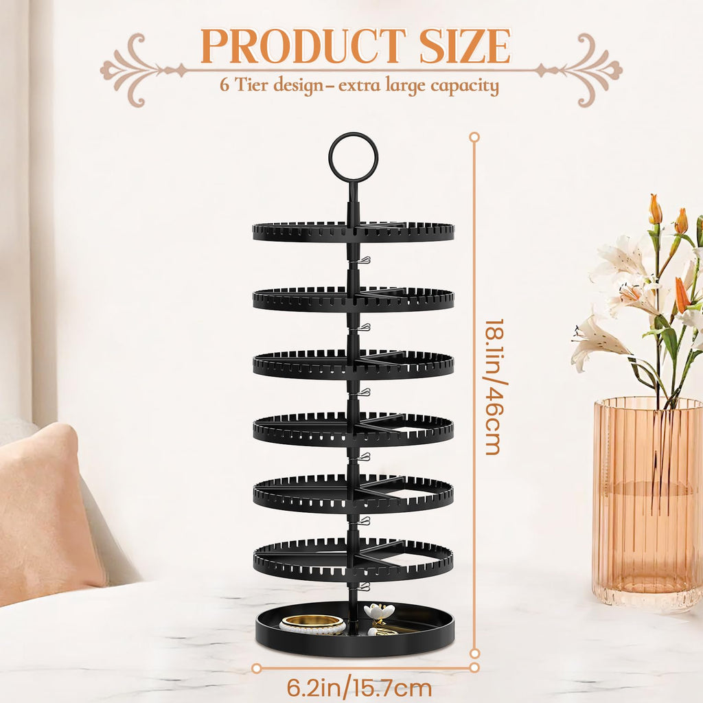 iDavosic.ly 6 Tier Rotating Earring Holder Organizer Set of 2, Metal Large Stud Storage Stand, Adjustable Plastic Dangle Display Rack Tower for Women, Black