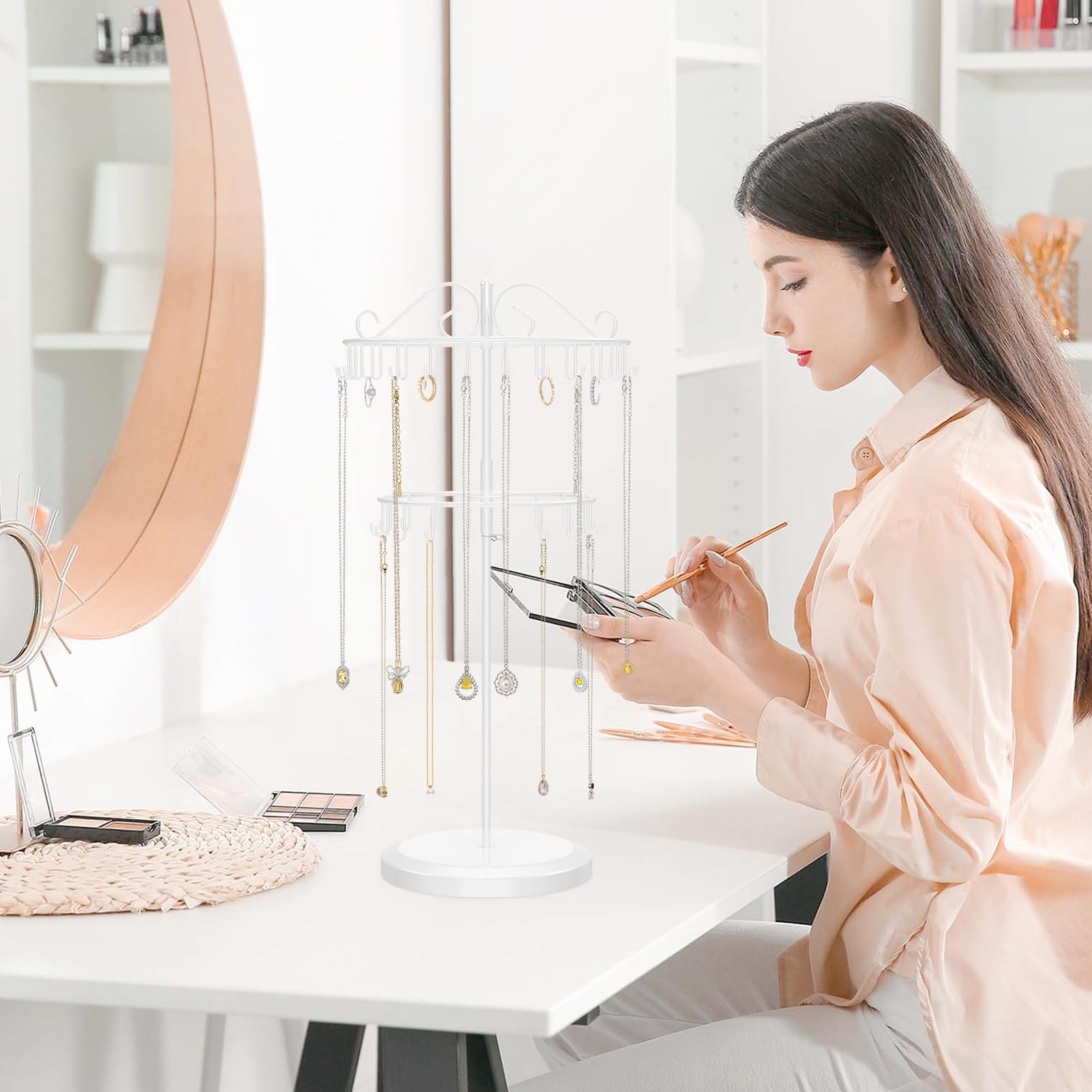 iDavosic.ly 2 Tier Rotating Necklace Holder Organizer with 42 Hooks, Adjustable Metal Bracelet Display Stand Rack, Extra Tall Keychain Spinning Tree Tower for Women, White