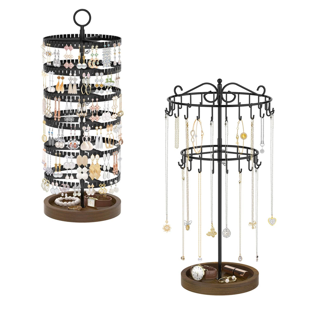iDavosic.ly Jewelry Organizer Stand with Wooden Base Set of 2, Large Dangle Display Stands Tree with 342 Plastic Grooves and Rotating Necklace Bracelet Holder with 42 Hooks for Women