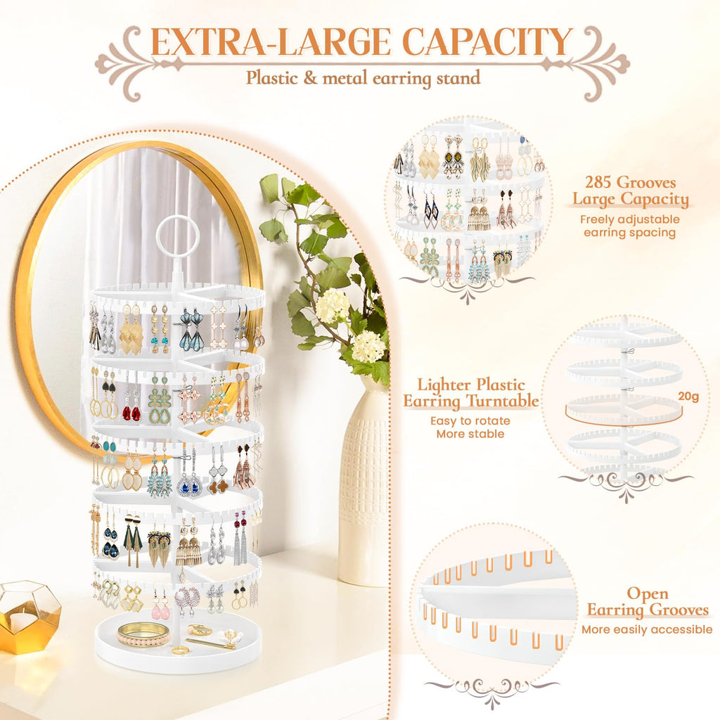 iDavosic.ly 5 Tier Rotating Earring Holder Organizer with Metal Tray, Adjustable Plastic Dangle Display Stands Tree with 285 Grooves, Large Hoop Storage Rack Tower, White