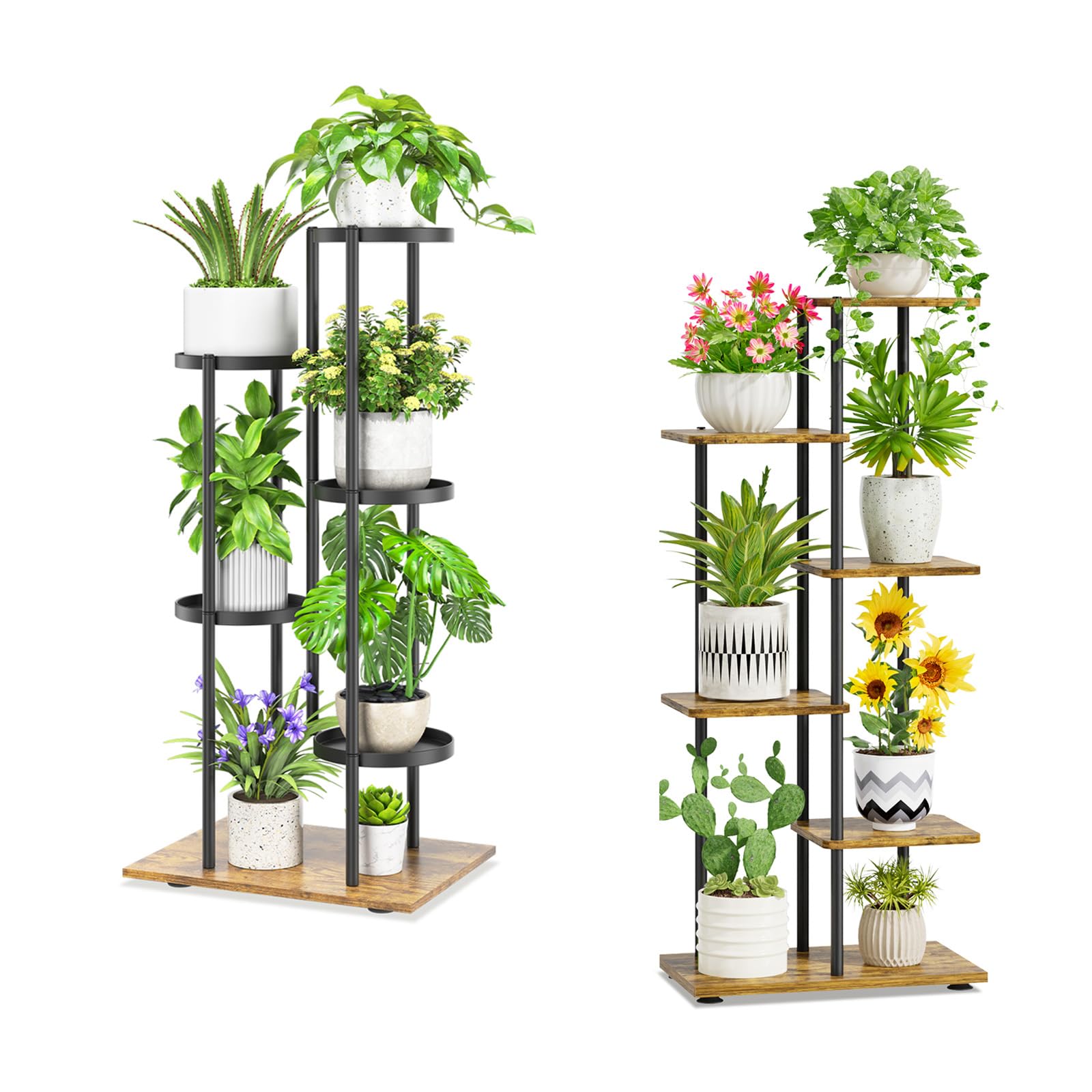 iDavosic.ly 5 Tier Plant Stand Indoor Outdoor Set of 2, Metal Wood Corner Flower Pot Holder Shelf and 42 Inch Tall Orchid Display Rack for Patio Porch Living Room Balcony, Modern Black & Rustic Brown